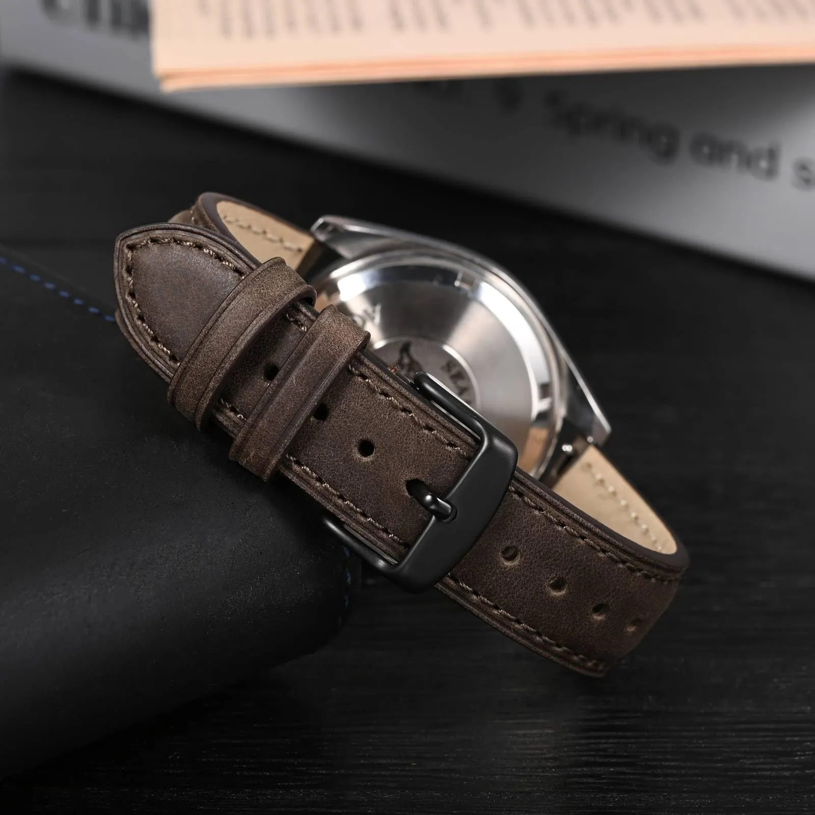 Anbeer Cinturini per orologi in vera pelle a sgancio rapido, cinturini per orologi in pelle di cavallo pazzo per uomini e donne, larghezza della banda 16mm, Fibbia nera - immagine 2