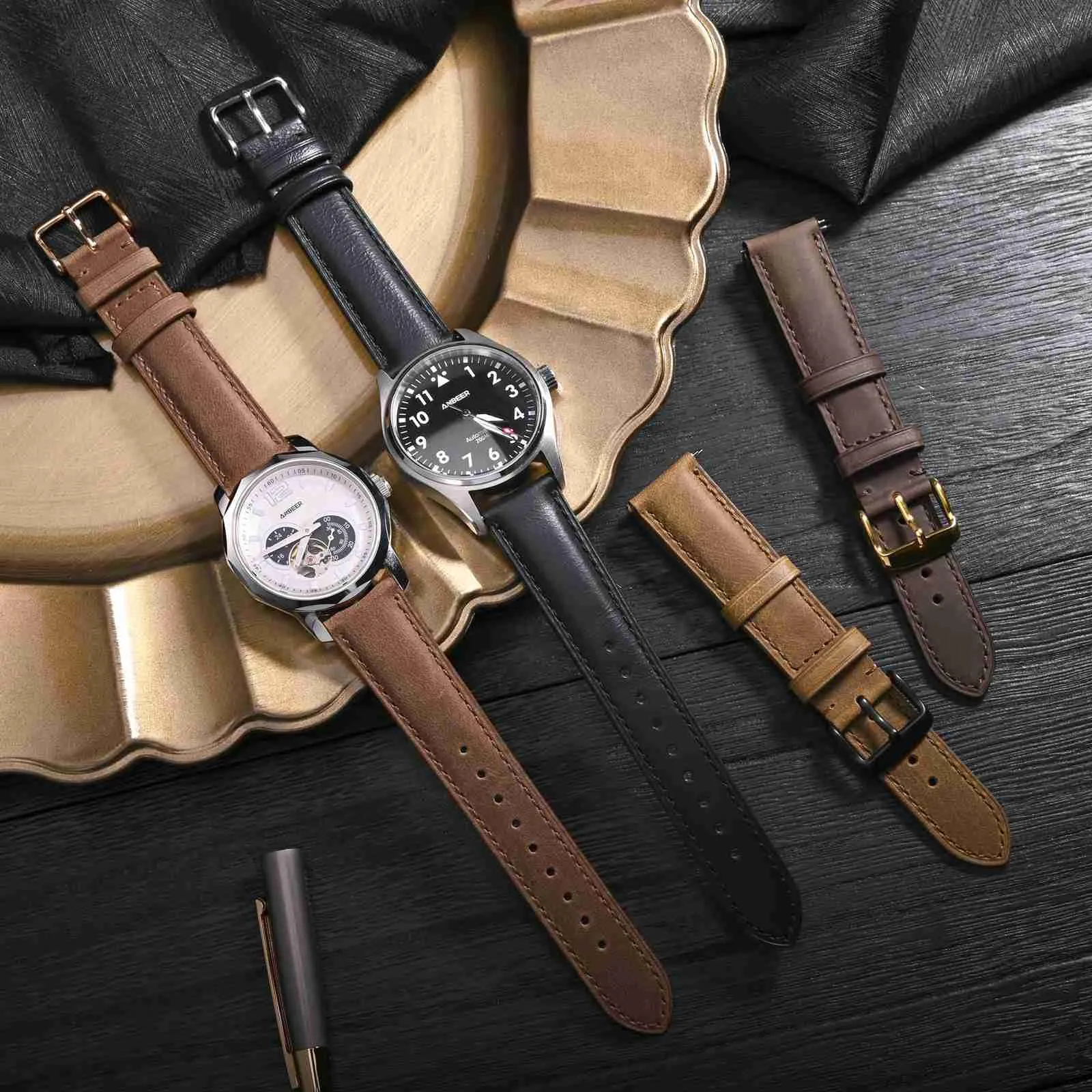 Anbeer Cinturini per orologi in vera pelle a sgancio rapido, cinturini per orologi in pelle di cavallo pazzo per uomini e donne, larghezza della banda 19mm, Fibbia nera - immagine 5