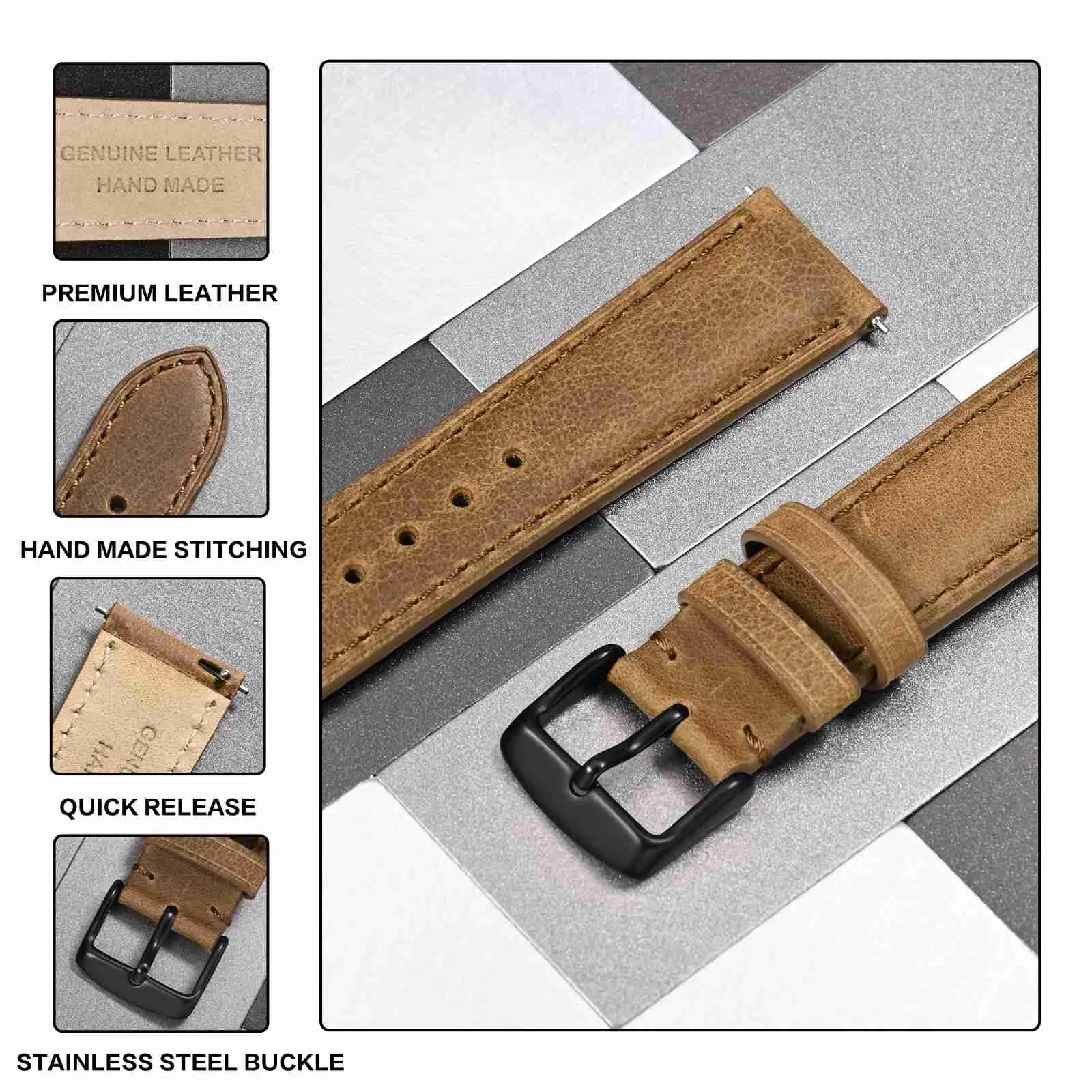 Anbeer Cinturini per orologi in vera pelle a sgancio rapido, cinturini per orologi in pelle di cavallo pazzo per uomini e donne, larghezza della banda 19mm, Fibbia nera - immagine 3