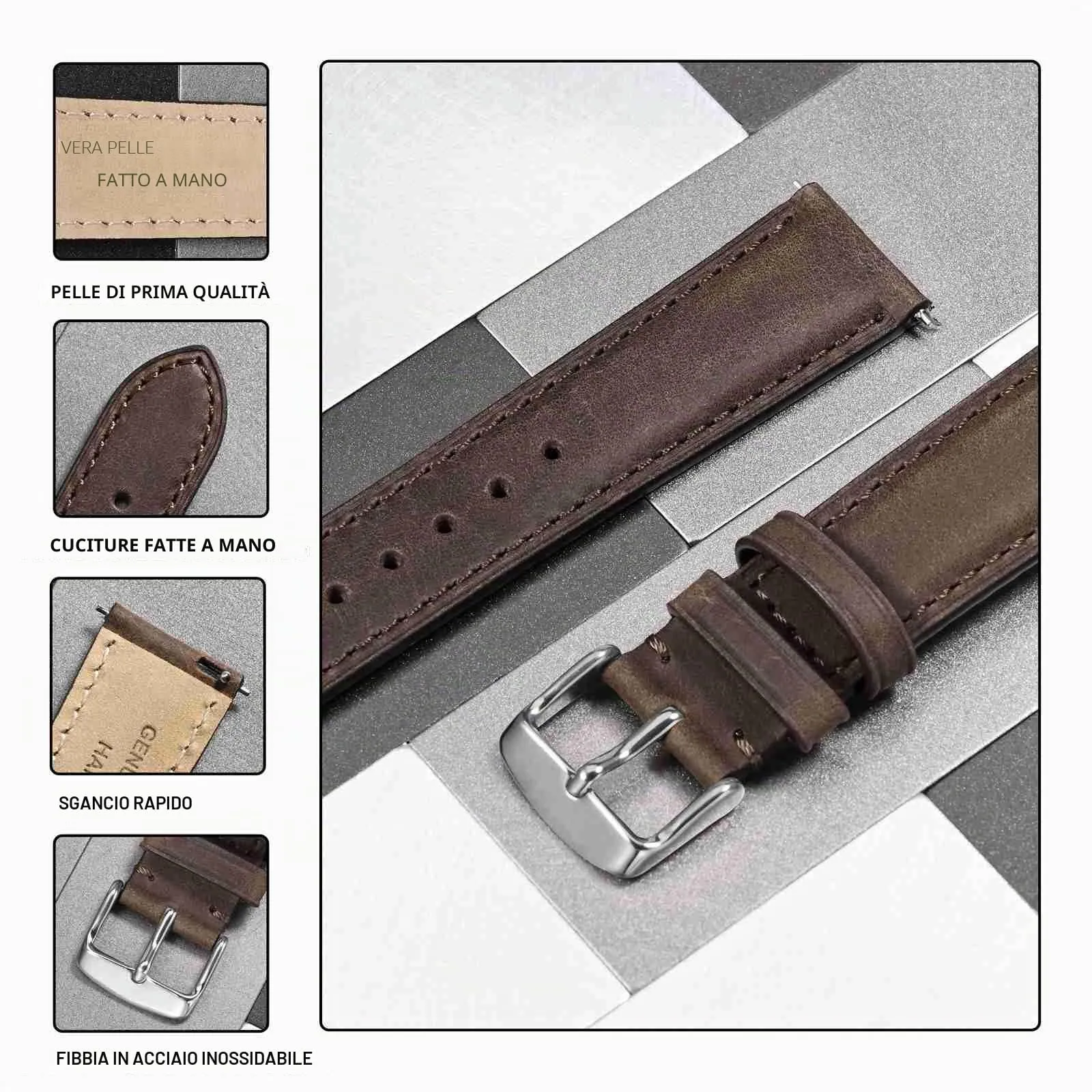 Anbeer Cinturini per orologi in vera pelle a sgancio rapido, cinturini per orologi in pelle di cavallo pazzo per uomini e donne, larghezza della banda 24mm, Fibbia in argento - immagine 3