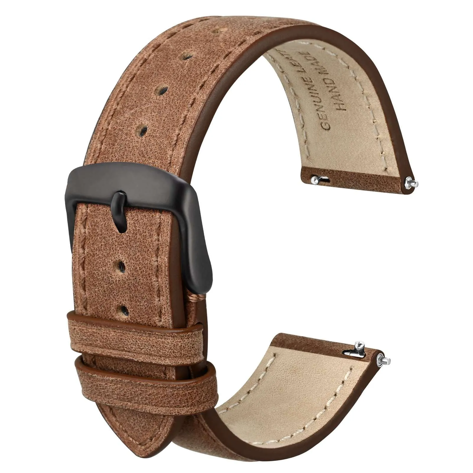 Anbeer Cinturini per orologi in vera pelle a sgancio rapido, cinturini per orologi in pelle di cavallo pazzo per uomini e donne, larghezza della banda 19mm, Fibbia nera - immagine 1