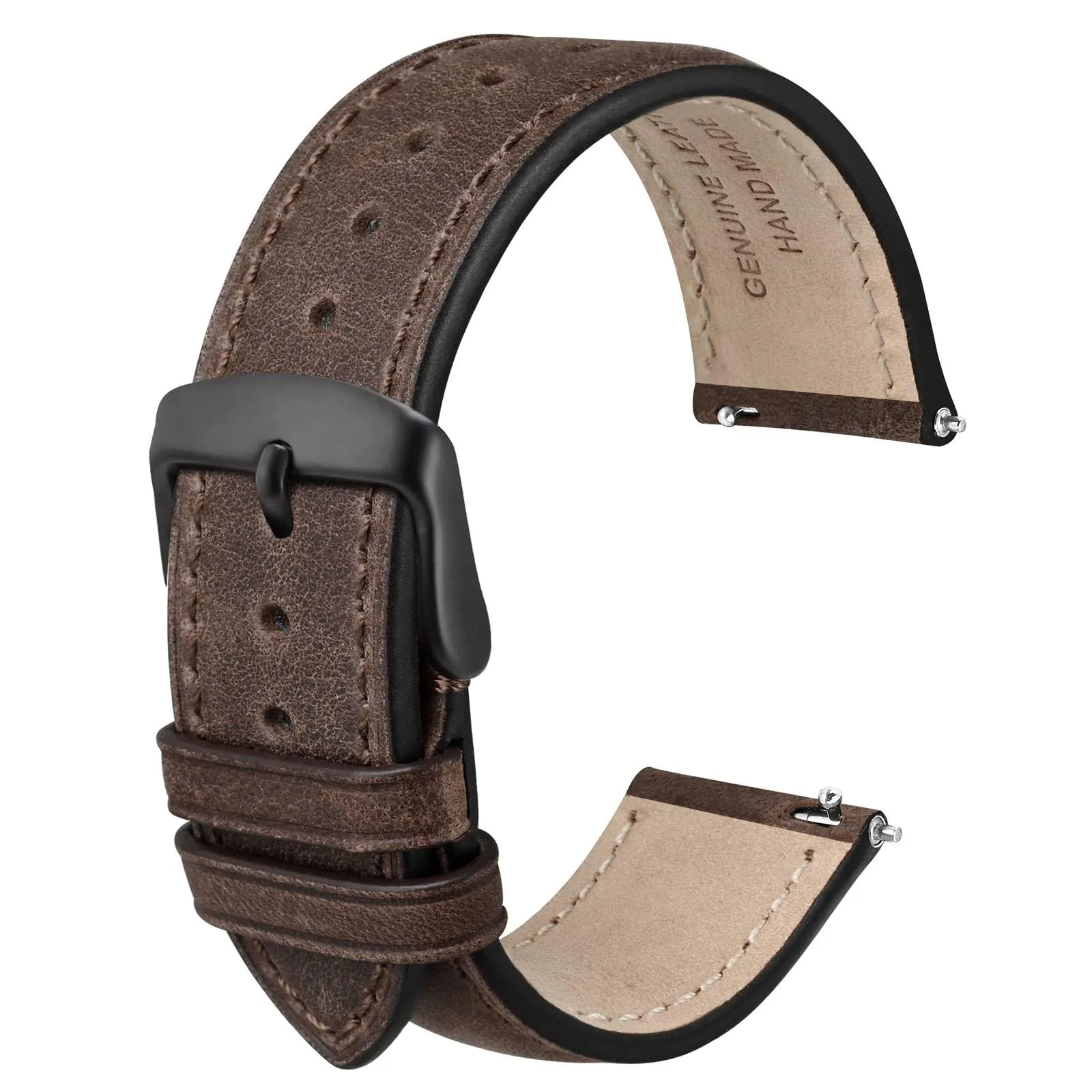 Anbeer Cinturini per orologi in vera pelle a sgancio rapido, cinturini per orologi in pelle di cavallo pazzo per uomini e donne, larghezza della banda 24mm, Fibbia nera - immagine 1