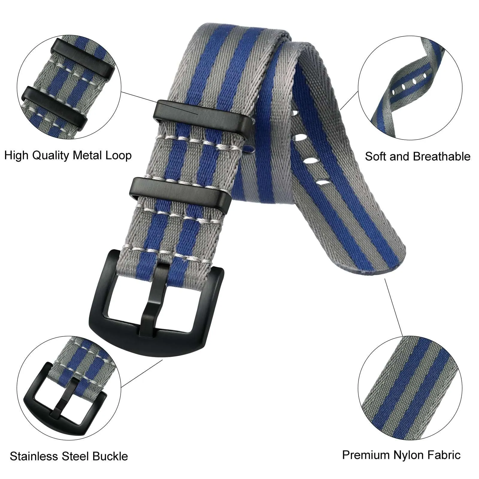 Anbeer Cinturini per orologi in nylon per uomo e donna, cinturino di ricambio militare monoblocco da 22mm con fibbia in acciaio inossidabile nero - immagine 4