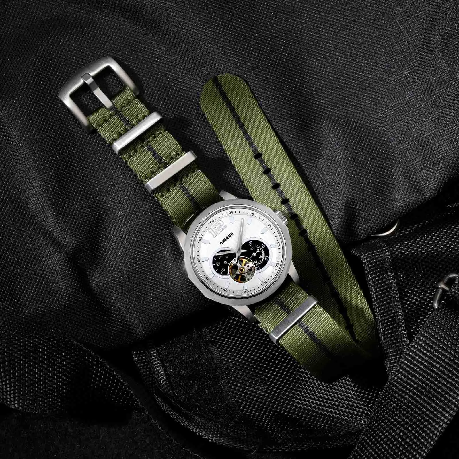 Anbeer Cinturini per orologi in nylon per uomo e donna, cinturino di ricambio militare monoblocco da 20mm con fibbia in acciaio inossidabile nero - immagine 8