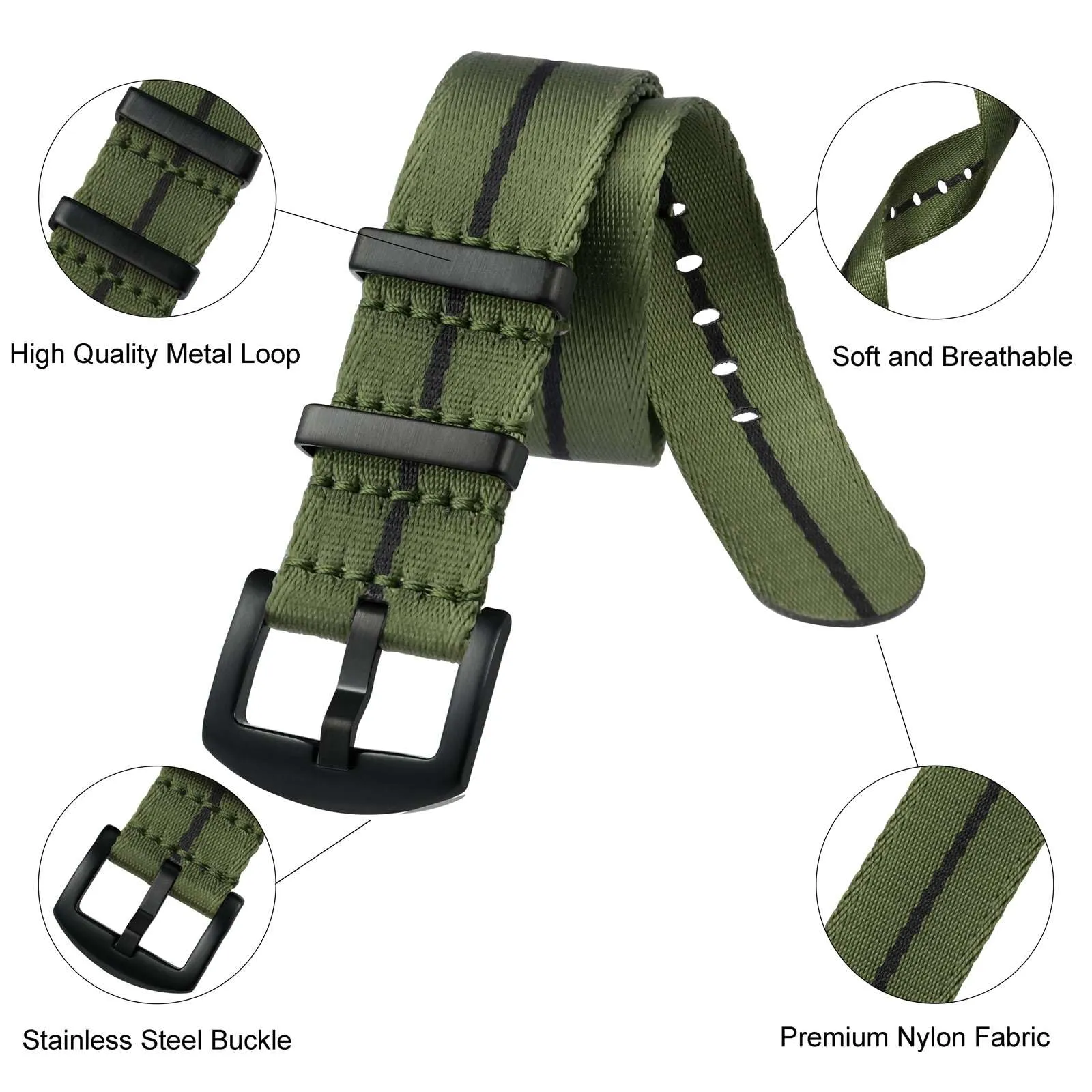 ANBEER Cinturini per orologi in nylon per uomo e donna, cinturino di ricambio militare monoblocco da 18mm con fibbia in acciaio inossidabile nero - immagine 4