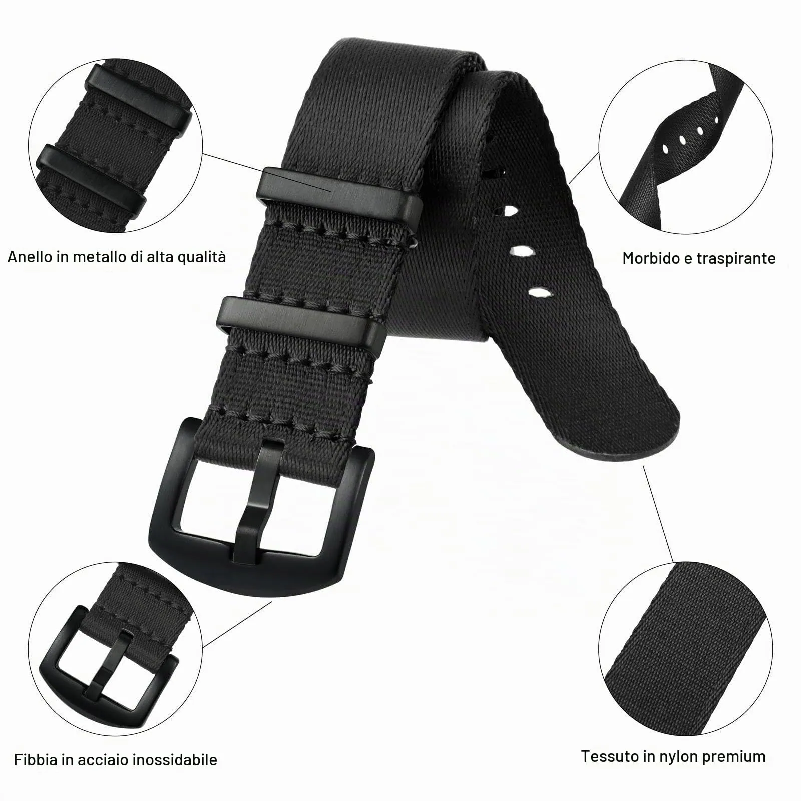 Anbeer Cinturini per orologi in nylon per uomo e donna, cinturino di ricambio militare monoblocco da 22mm con fibbia in acciaio inossidabile nero - immagine 4
