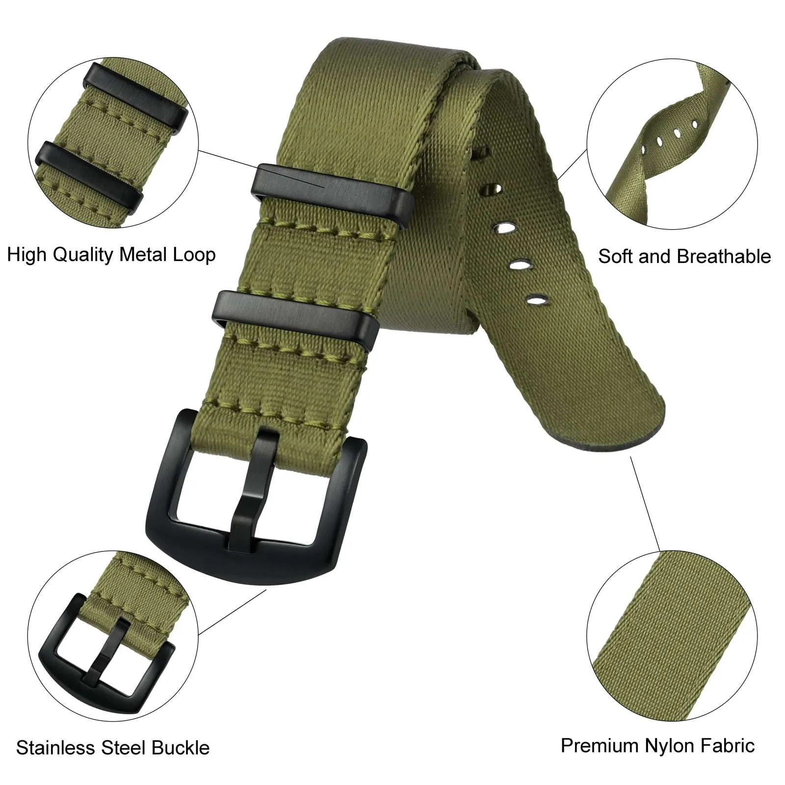 Anbeer Cinturini per orologi in nylon per uomo e donna, cinturino di ricambio militare monoblocco da 20mm con fibbia in acciaio inossidabile nero - immagine 4