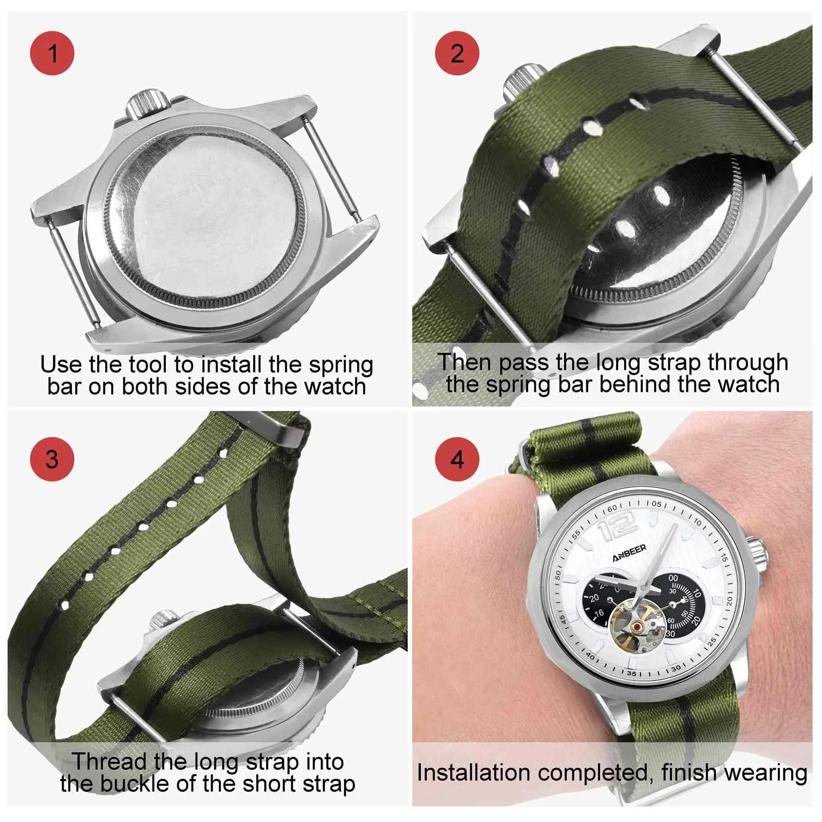 Anbeer Cinturini per orologi in nylon per uomo e donna, cinturino di ricambio militare monoblocco da 22mm con fibbia in acciaio inossidabile nero - immagine 5