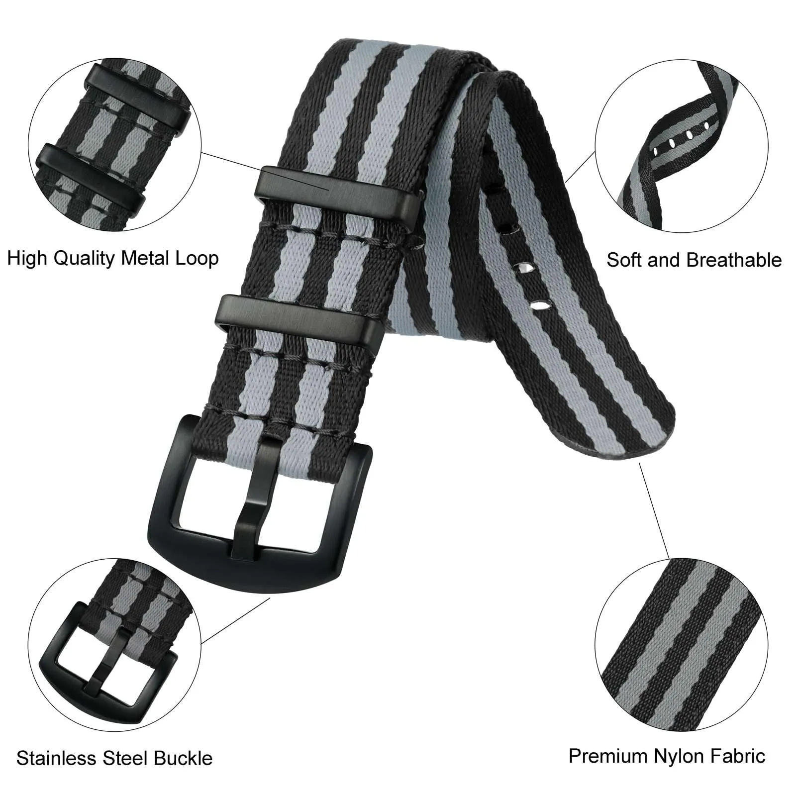 Anbeer Cinturini per orologi in nylon per uomo e donna, cinturino di ricambio militare monoblocco da 18mm con fibbia in acciaio inossidabile nero - immagine 4