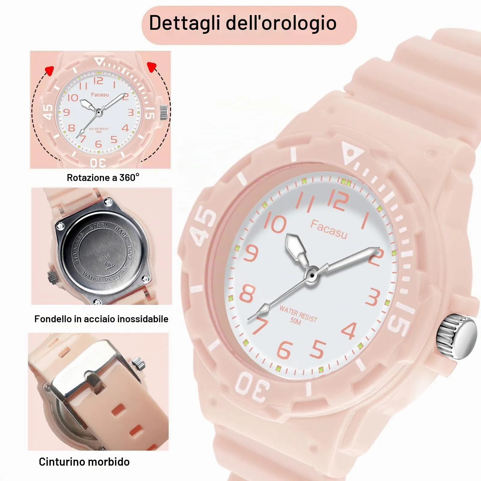 Facasu Orologio Analogico Bambini Ragazzi Ragazze,Orologio al quarzo impermeabile Fino a 50M,Cinturino Morbido Orologio Facile Leggere Imparare l'ora Bambini dai 4 ai 12 anni (Rosa) - immagine 2