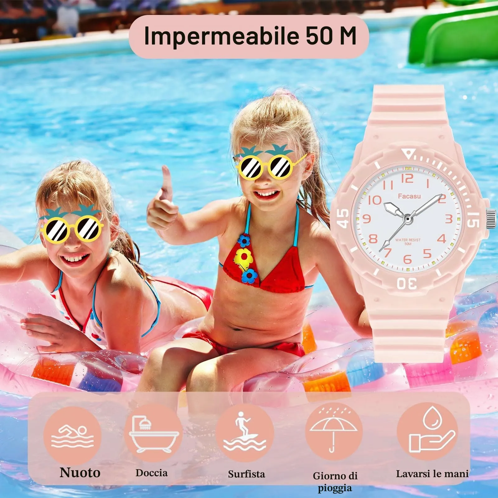Facasu Orologio Analogico Bambini Ragazzi Ragazze,Orologio al quarzo impermeabile Fino a 50M,Cinturino Morbido Orologio Facile Leggere Imparare l'ora Bambini dai 4 ai 12 anni (Rosa) - immagine 3