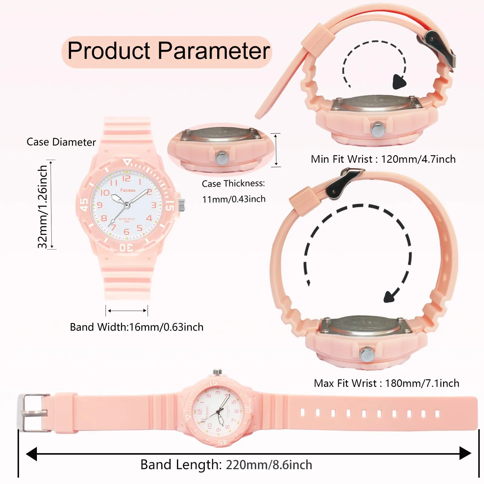 Facasu Orologio Analogico Bambini Ragazzi Ragazze,Orologio al quarzo impermeabile Fino a 50M,Cinturino Morbido Orologio Facile Leggere Imparare l'ora Bambini dai 4 ai 12 anni (Rosa) - immagine 5