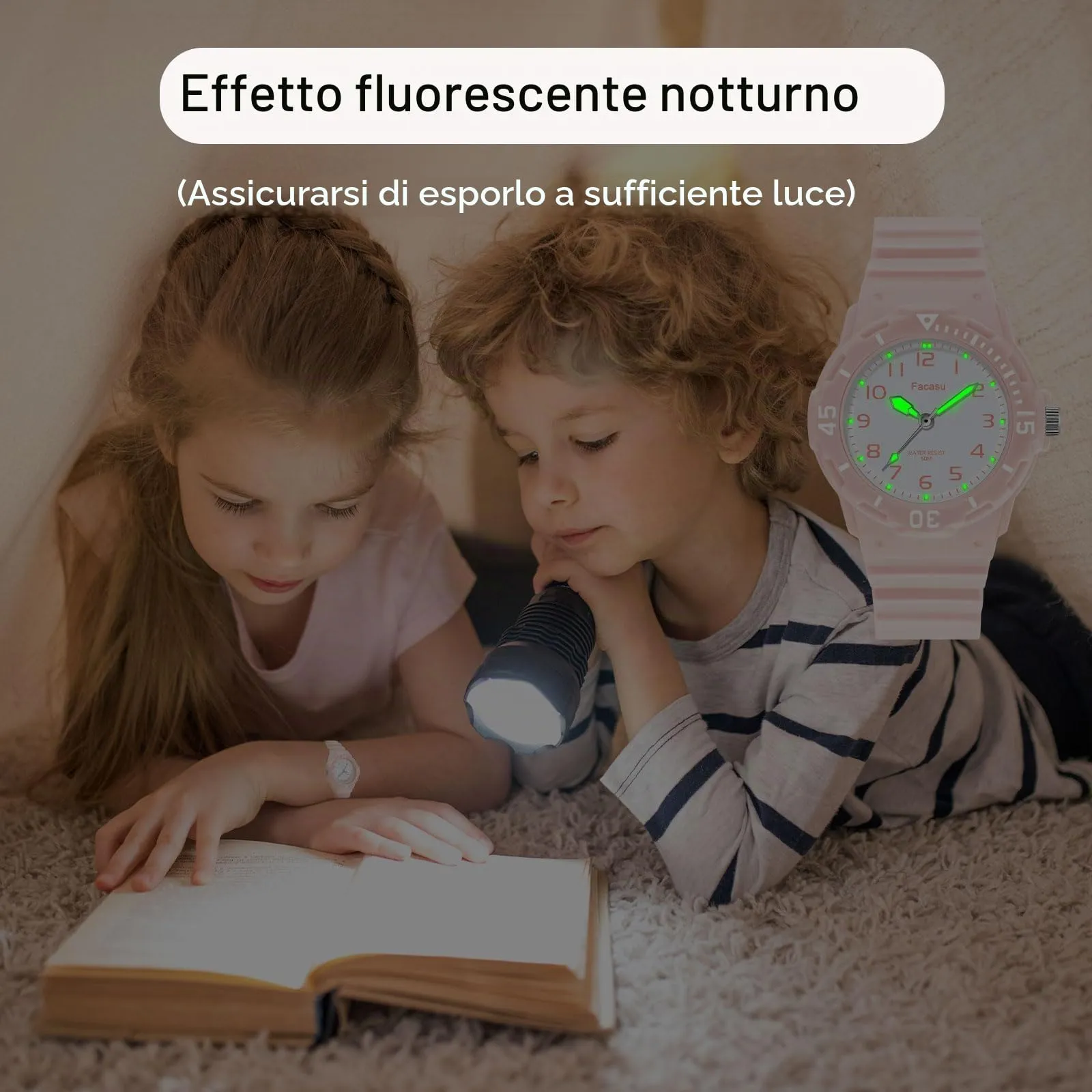 Facasu Orologio Analogico Bambini Ragazzi Ragazze,Orologio al quarzo impermeabile Fino a 50M,Cinturino Morbido Orologio Facile Leggere Imparare l'ora Bambini dai 4 ai 12 anni (Rosa) - immagine 6