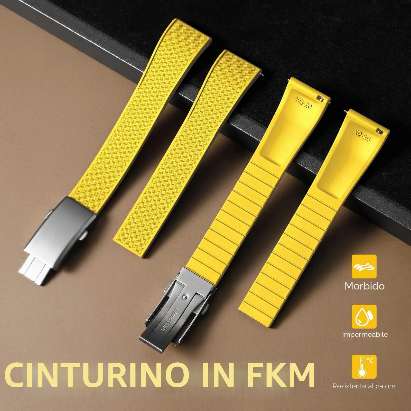 ULLCHRO Cinturino Orologio 20mm 22mm in Gomma Fluorurata FKM a Sgancio Rapido, Cinturini di Ricambio Morbidi e Durevoli, Cinturino Sportivo in Gomma Fluoro per Orologio Uomo (20mm, Giallo) - immagine 2