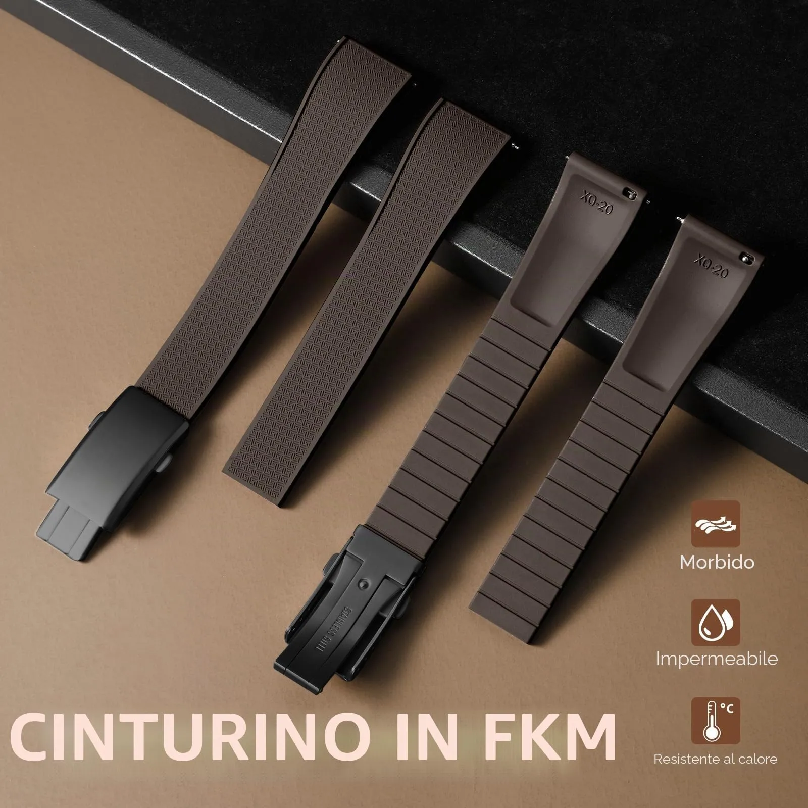 ULLCHRO Cinturino Orologio 20mm 22mm in Gomma Fluorurata FKM a Sgancio Rapido, Cinturini di Ricambio Morbidi e Durevoli, Cinturino Sportivo in Gomma Fluoro per Orologio Uomo (20mm, Marrone) - immagine 2