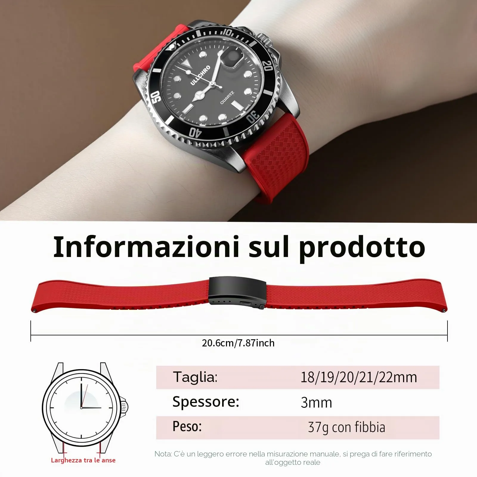 ULLCHRO Cinturino Orologio 20mm 22mm in Gomma Fluorurata FKM a Sgancio Rapido, Cinturini di Ricambio Morbidi e Durevoli, Cinturino Sportivo in Gomma Fluoro per Orologio Uomo (20mm, Rosso Scuro) - immagine 6