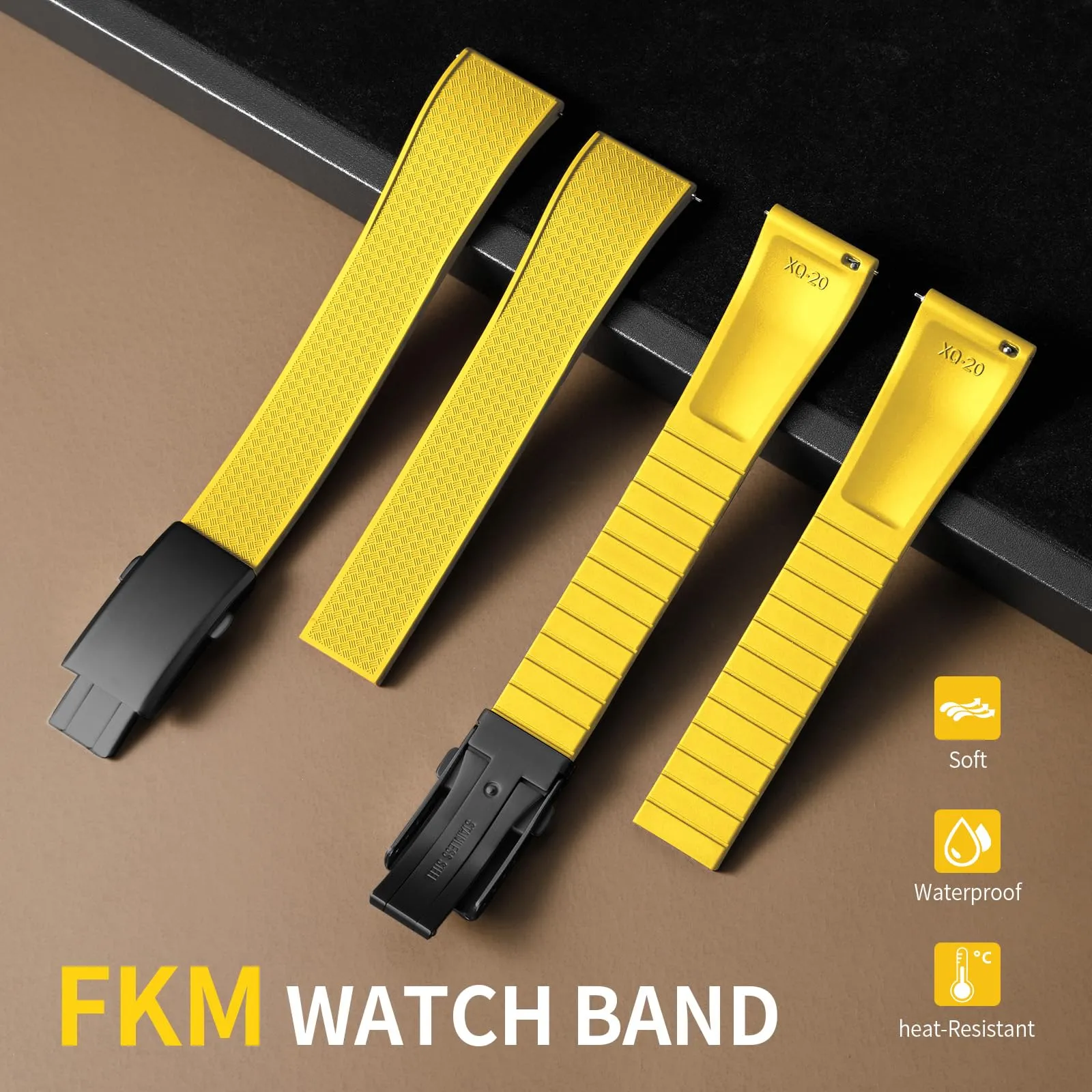 ULLCHRO Cinturino Orologio 20mm 22mm in Gomma Fluorurata FKM a Sgancio Rapido, Cinturini di Ricambio Morbidi e Durevoli, Cinturino Sportivo in Gomma Fluoro per Orologio Uomo (20mm, Giallo) - immagine 2