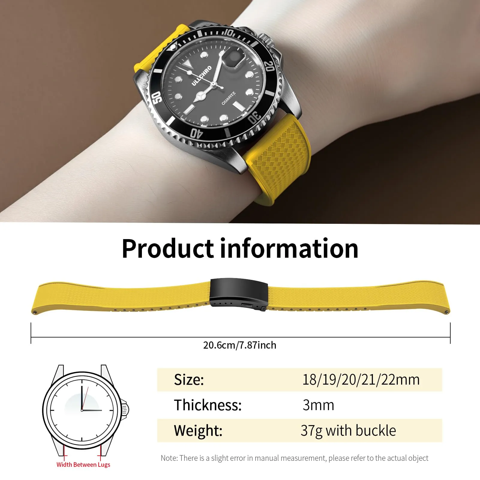 ULLCHRO Cinturino Orologio 20mm 22mm in Gomma Fluorurata FKM a Sgancio Rapido, Cinturini di Ricambio Morbidi e Durevoli, Cinturino Sportivo in Gomma Fluoro per Orologio Uomo (20mm, Giallo) - immagine 6