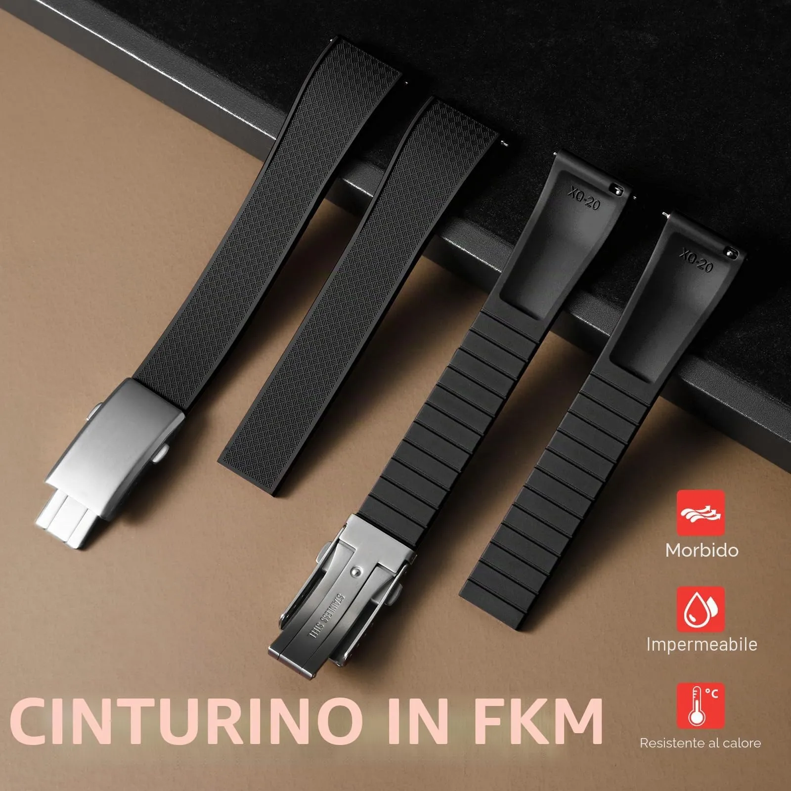 ULLCHRO Cinturino Orologio 20mm 22mm in Gomma Fluorurata FKM a Sgancio Rapido, Cinturini di Ricambio Morbidi e Durevoli, Cinturino Sportivo in Gomma Fluoro per Orologio Uomo (19mm, Nero) - immagine 2