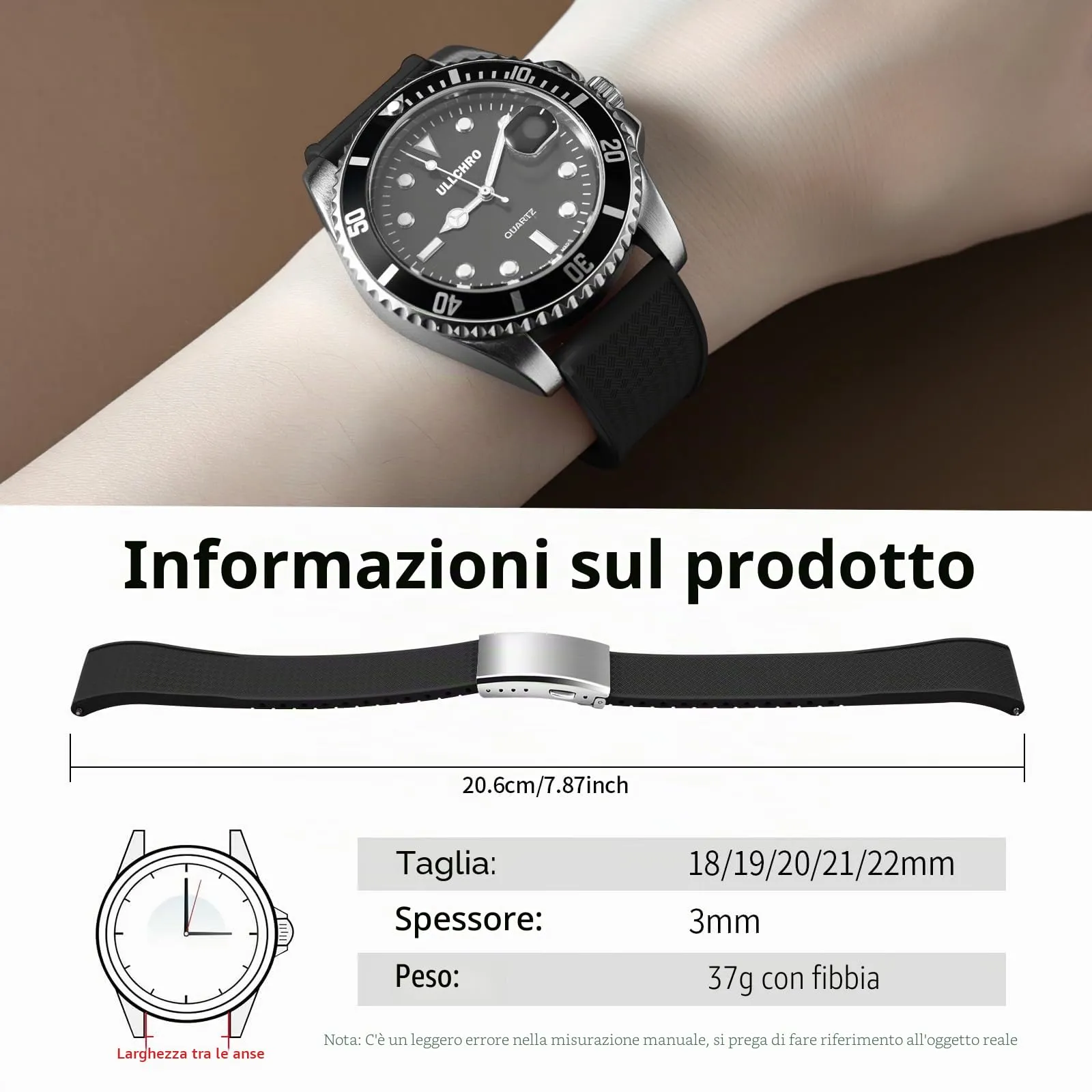 ULLCHRO Cinturino Orologio 20mm 22mm in Gomma Fluorurata FKM a Sgancio Rapido, Cinturini di Ricambio Morbidi e Durevoli, Cinturino Sportivo in Gomma Fluoro per Orologio Uomo (19mm, Nero) - immagine 6