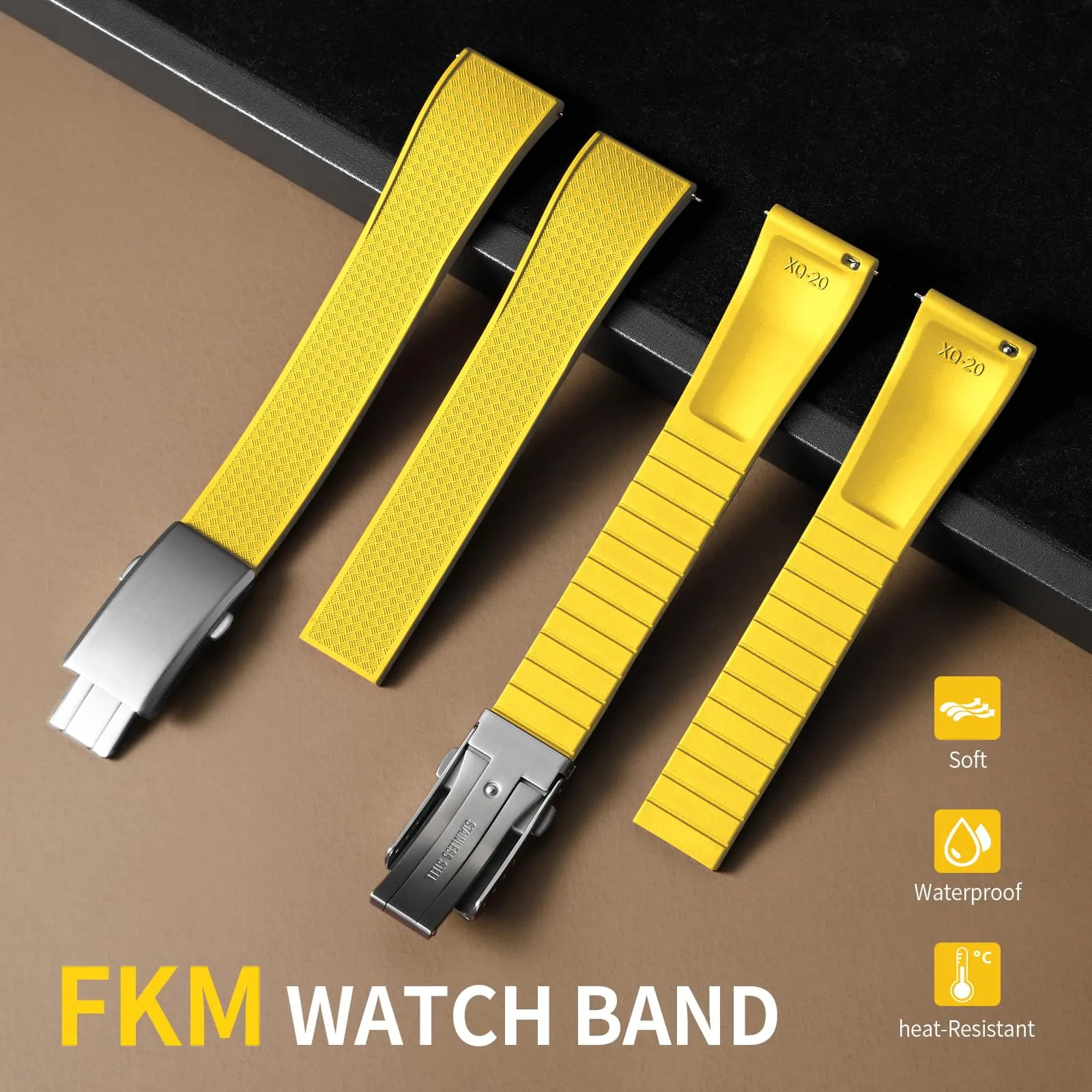 ULLCHRO Cinturino Orologio 20mm 22mm in Gomma Fluorurata FKM a Sgancio Rapido, Cinturini di Ricambio Morbidi e Durevoli, Cinturino Sportivo in Gomma Fluoro per Orologio Uomo (18mm, Giallo) - immagine 2