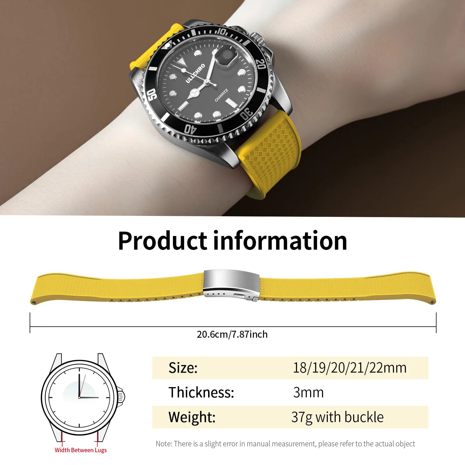 ULLCHRO Cinturino Orologio 20mm 22mm in Gomma Fluorurata FKM a Sgancio Rapido, Cinturini di Ricambio Morbidi e Durevoli, Cinturino Sportivo in Gomma Fluoro per Orologio Uomo (18mm, Giallo) - immagine 6
