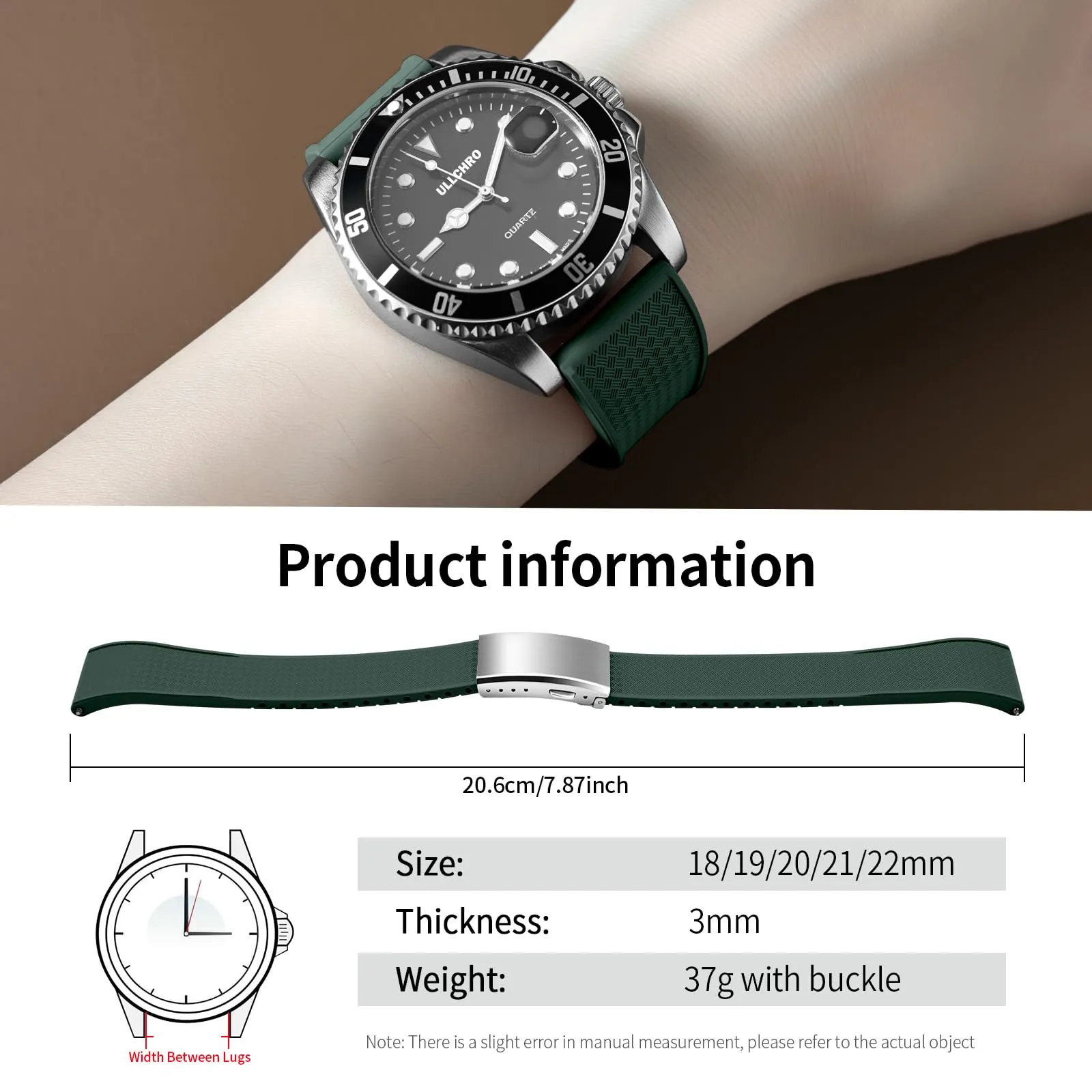 ULLCHRO Cinturino Orologio 20mm 22mm in Gomma Fluorurata FKM a Sgancio Rapido, Cinturini di Ricambio Morbidi e Durevoli, Cinturino Sportivo in Gomma Fluoro per Orologio Uomo (22mm, Verde Scuro) - immagine 6