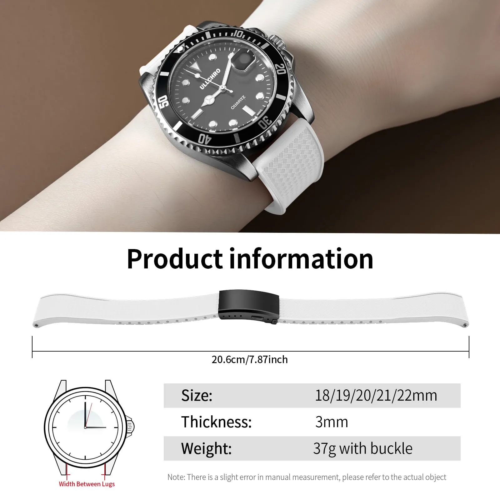 ULLCHRO Cinturino Orologio 20mm 22mm in Gomma Fluorurata FKM a Sgancio Rapido, Cinturini di Ricambio Morbidi e Durevoli, Cinturino Sportivo in Gomma Fluoro per Orologio Uomo (20mm, Bianco) - immagine 6