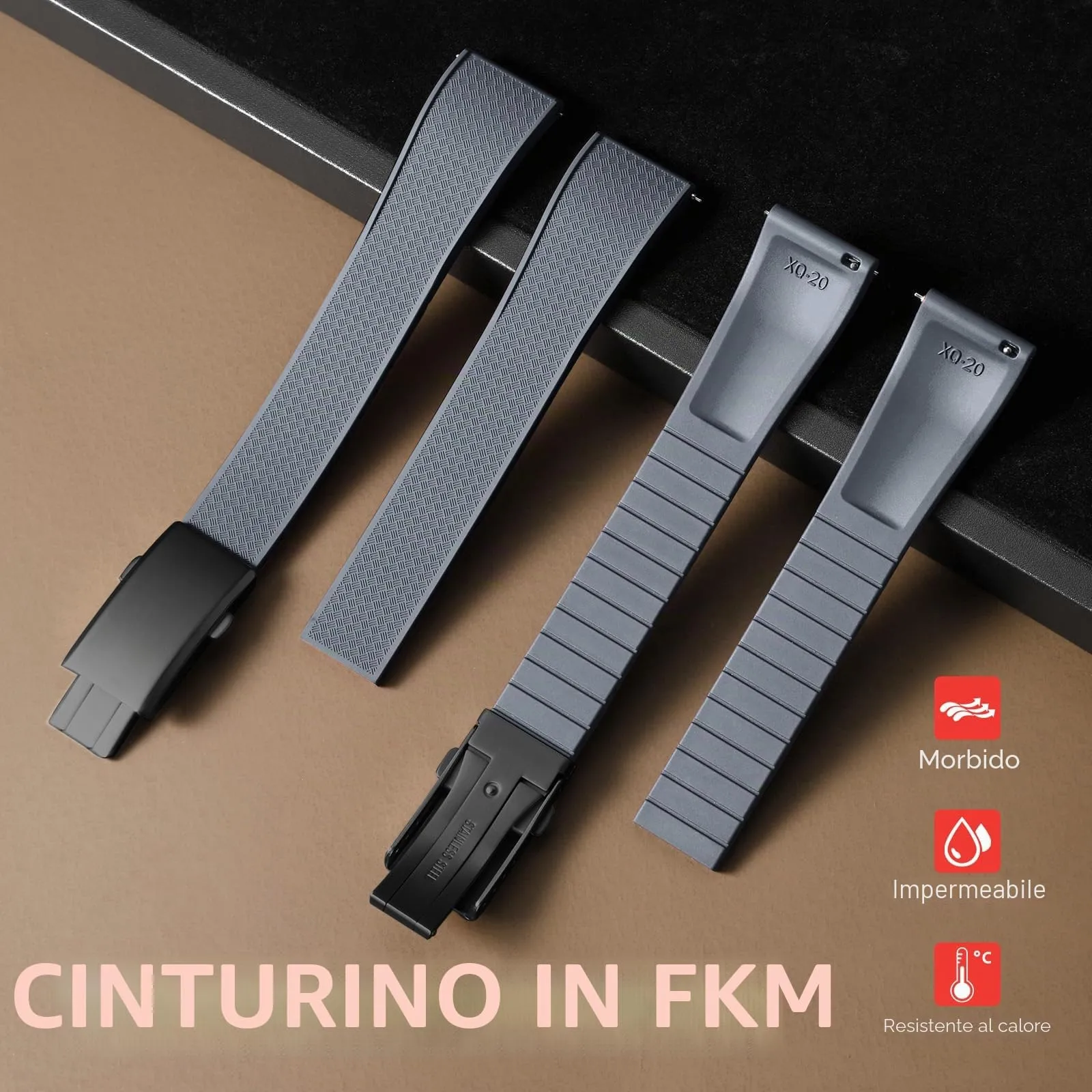 ULLCHRO Cinturino Orologio 20mm 22mm in Gomma Fluorurata FKM a Sgancio Rapido, Cinturini di Ricambio Morbidi e Durevoli, Cinturino Sportivo in Gomma Fluoro per Orologio Uomo (20mm, Grigio) - immagine 2