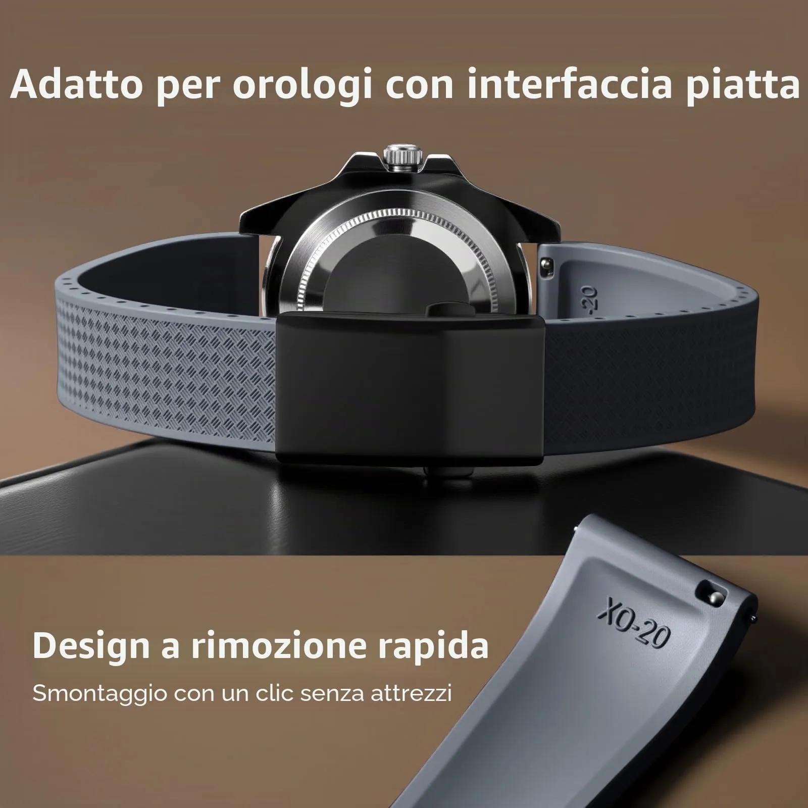 ULLCHRO Cinturino Orologio 20mm 22mm in Gomma Fluorurata FKM a Sgancio Rapido, Cinturini di Ricambio Morbidi e Durevoli, Cinturino Sportivo in Gomma Fluoro per Orologio Uomo (20mm, Grigio) - immagine 3