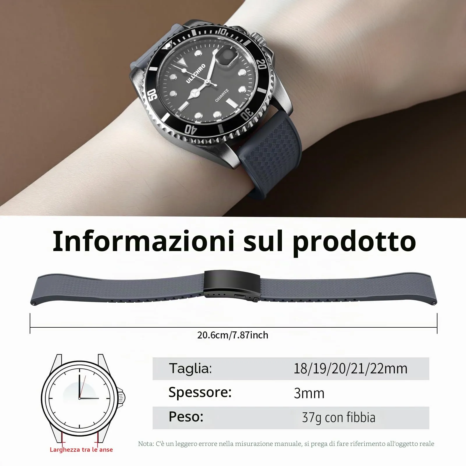 ULLCHRO Cinturino Orologio 20mm 22mm in Gomma Fluorurata FKM a Sgancio Rapido, Cinturini di Ricambio Morbidi e Durevoli, Cinturino Sportivo in Gomma Fluoro per Orologio Uomo (20mm, Grigio) - immagine 6