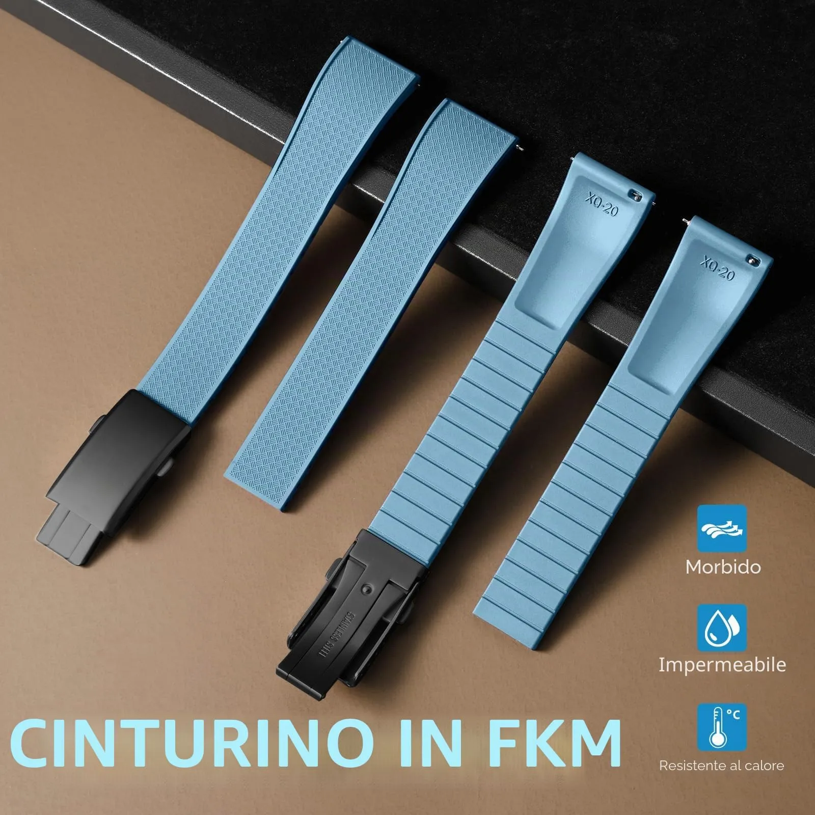 ULLCHRO Cinturino Orologio 20mm 22mm in Gomma Fluorurata FKM a Sgancio Rapido, Cinturini di Ricambio Morbidi e Durevoli, Cinturino Sportivo in Gomma Fluoro per Orologio Uomo (20mm, Blu Chiaro) - immagine 2