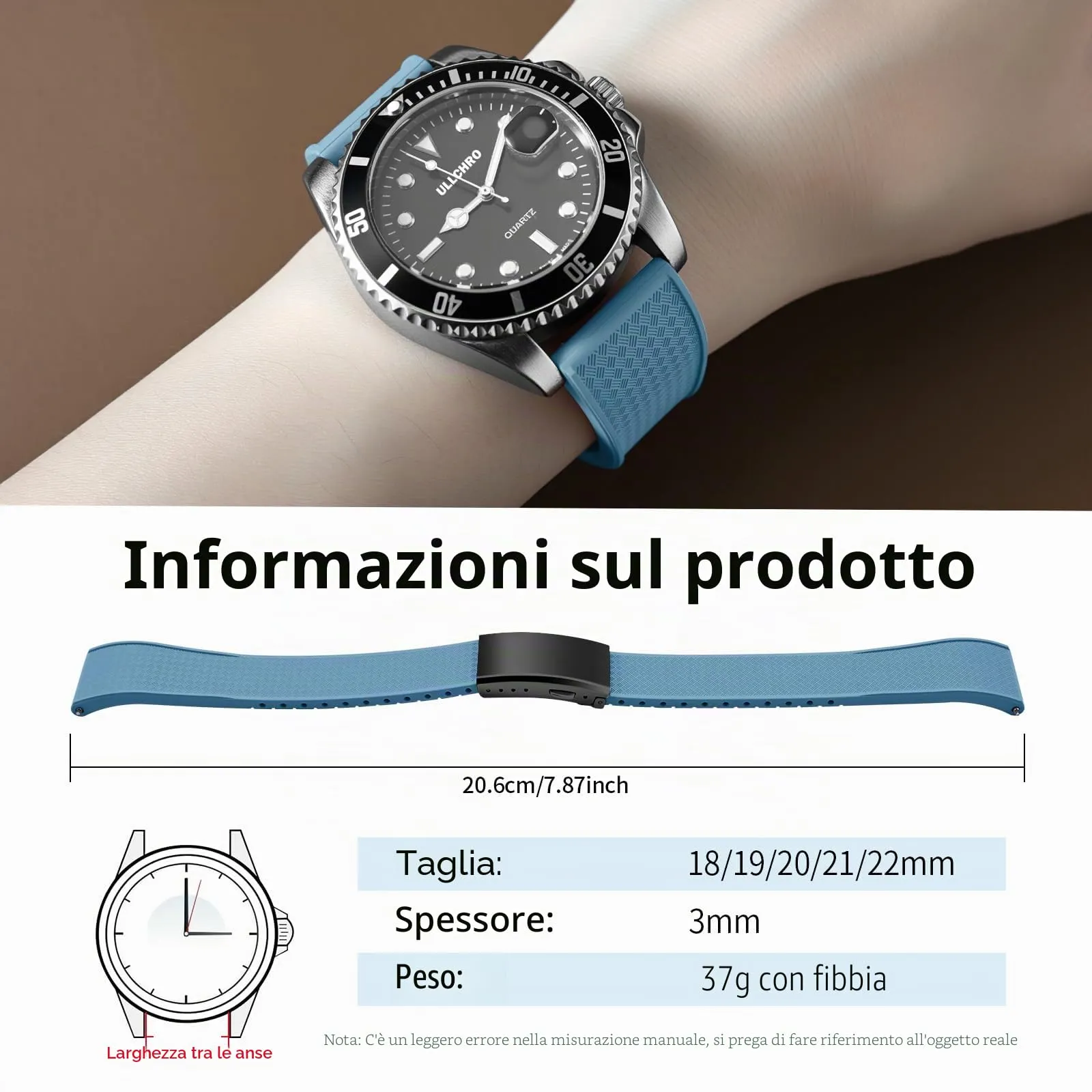 ULLCHRO Cinturino Orologio 20mm 22mm in Gomma Fluorurata FKM a Sgancio Rapido, Cinturini di Ricambio Morbidi e Durevoli, Cinturino Sportivo in Gomma Fluoro per Orologio Uomo (20mm, Blu Chiaro) - immagine 6