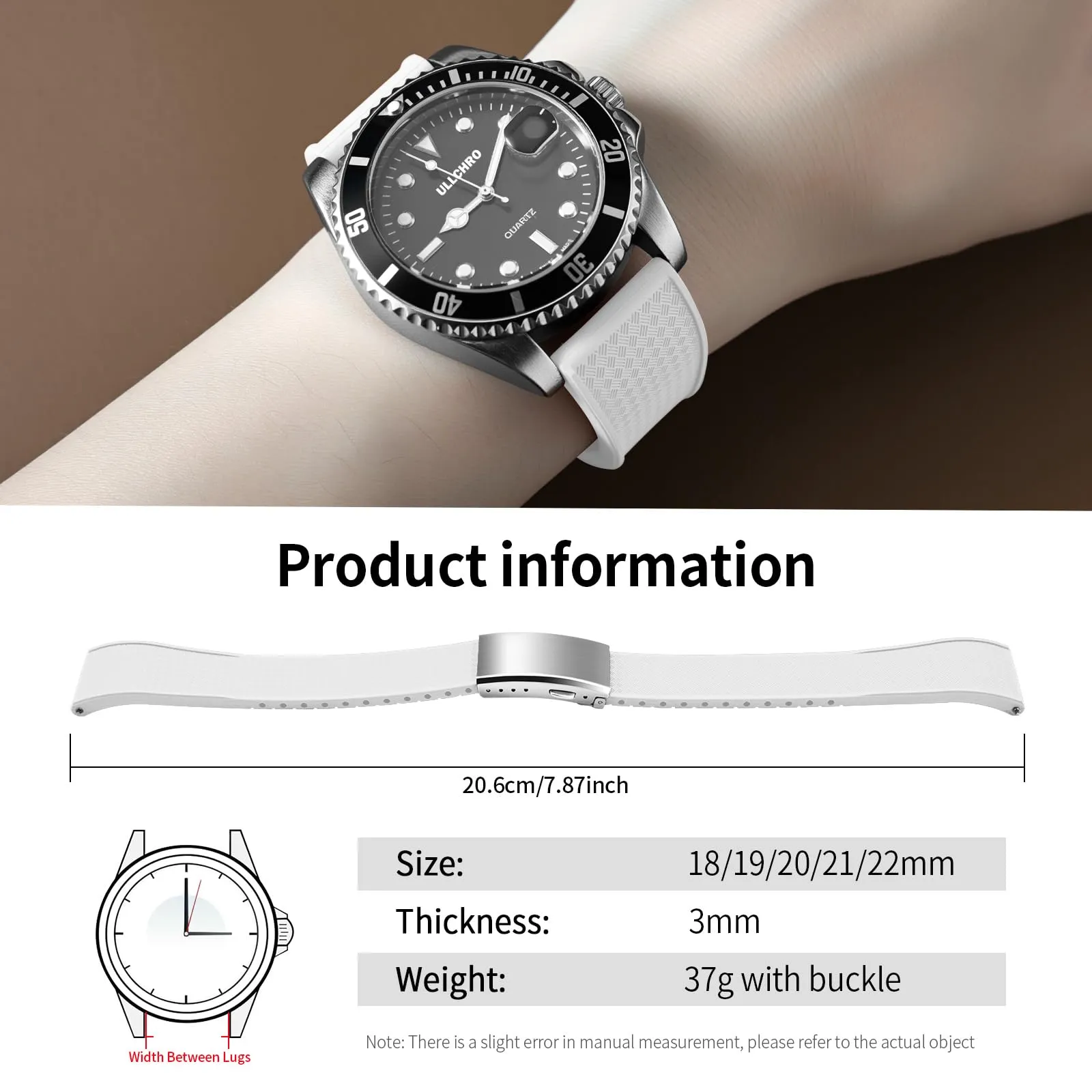 ULLCHRO Cinturino Orologio 20mm 22mm in Gomma Fluorurata FKM a Sgancio Rapido, Cinturini di Ricambio Morbidi e Durevoli, Cinturino Sportivo in Gomma Fluoro per Orologio Uomo (22mm, Bianco) - immagine 6