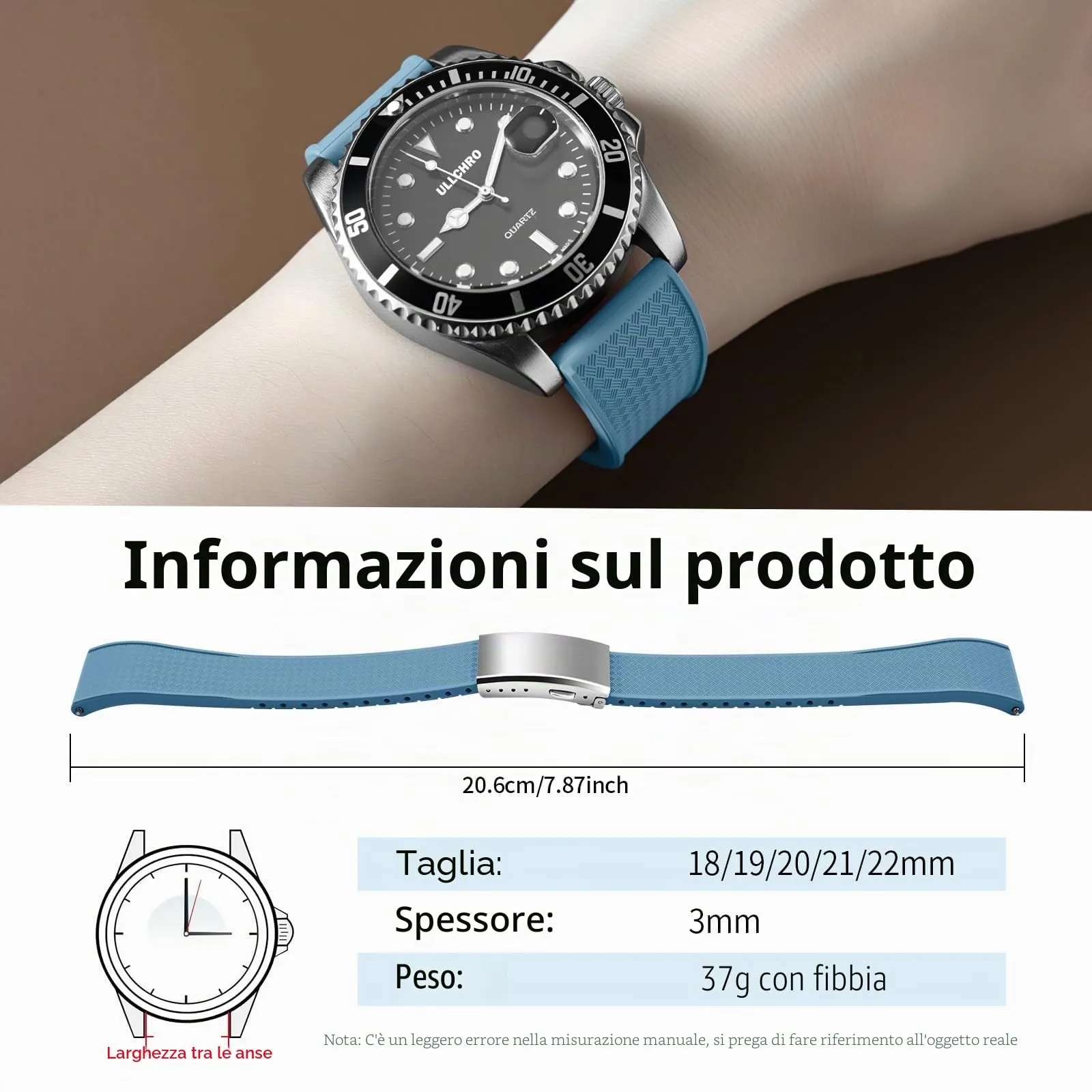 ULLCHRO Cinturino Orologio 20mm 22mm in Gomma Fluorurata FKM a Sgancio Rapido, Cinturini di Ricambio Morbidi e Durevoli, Cinturino Sportivo in Gomma Fluoro per Orologio Uomo (20mm, Blu Chiaro) - immagine 6