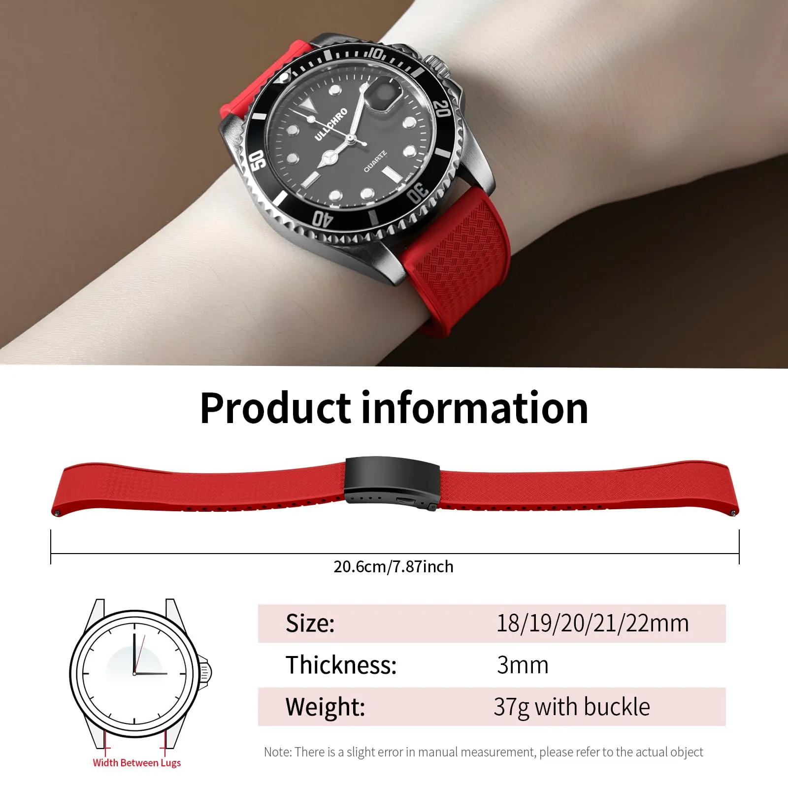ULLCHRO Cinturino Orologio 20mm 22mm in Gomma Fluorurata FKM a Sgancio Rapido, Cinturini di Ricambio Morbidi e Durevoli, Cinturino Sportivo in Gomma Fluoro per Orologio Uomo (21mm, Rosso Scuro) - immagine 6