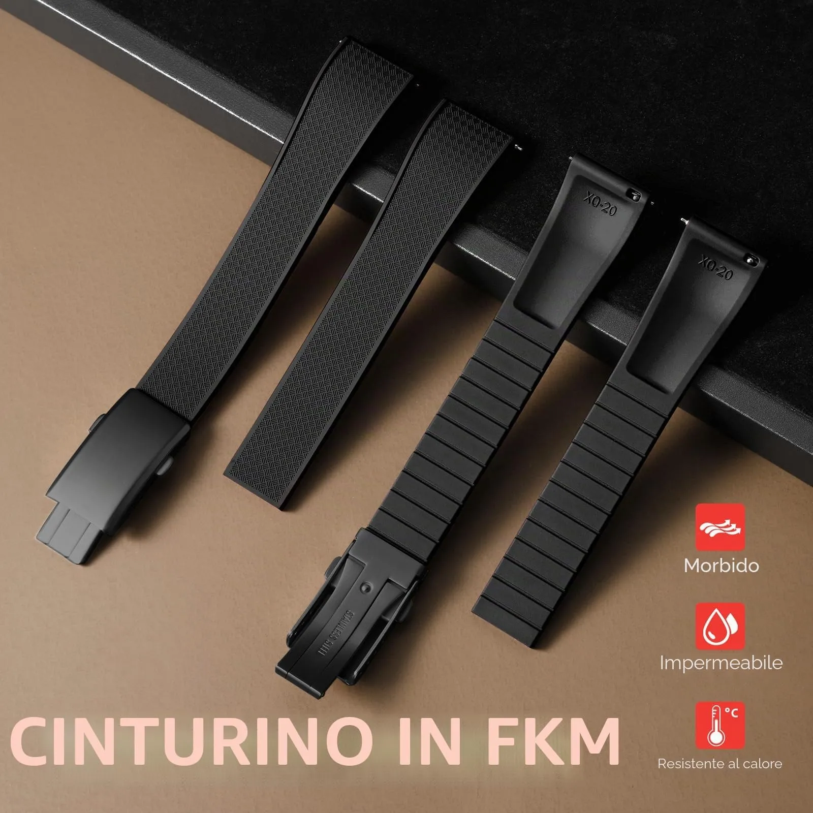 ULLCHRO Cinturino Orologio 20mm 22mm in Gomma Fluorurata FKM a Sgancio Rapido, Cinturini di Ricambio Morbidi e Durevoli, Cinturino Sportivo in Gomma Fluoro per Orologio Uomo (18mm, Nero) - immagine 2