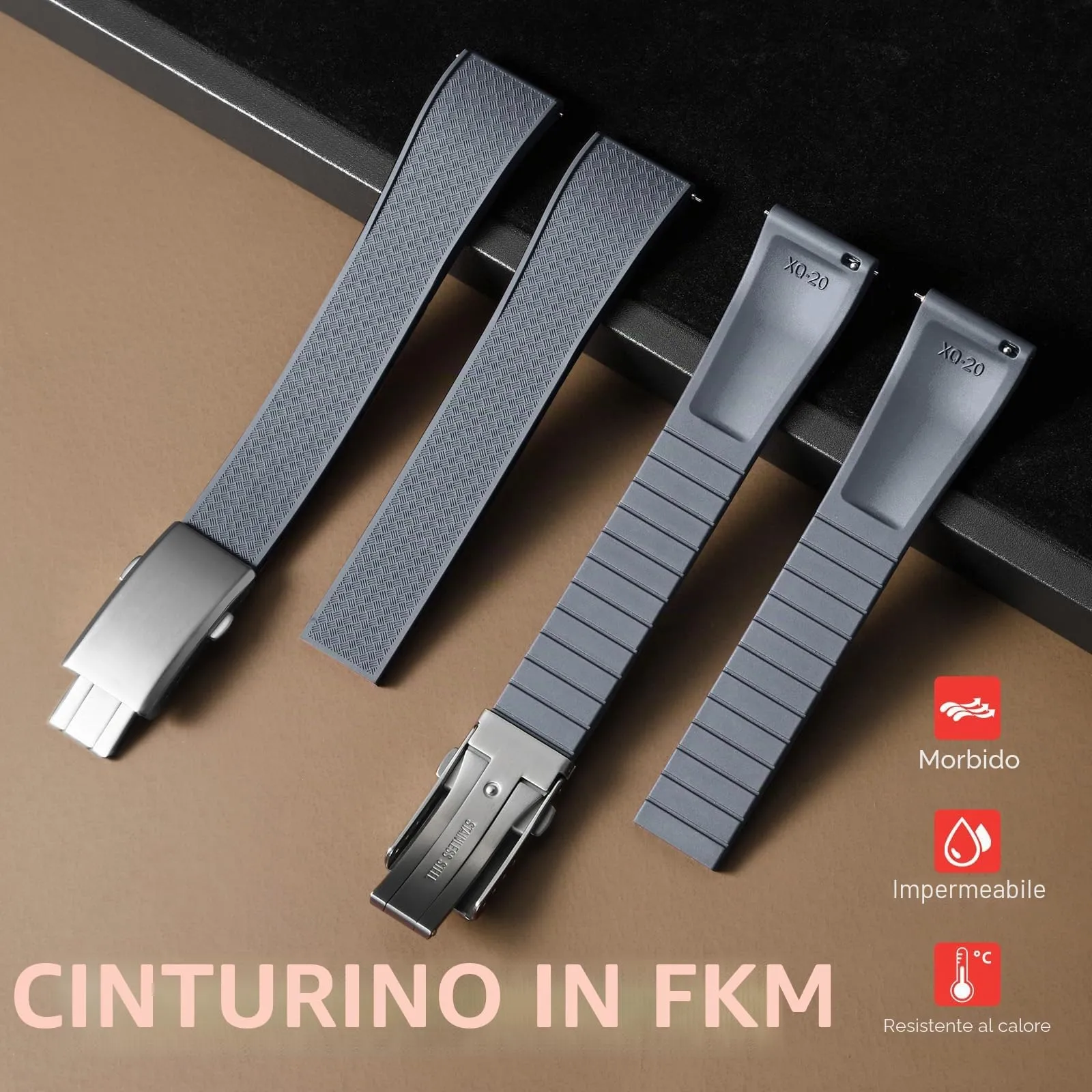 ULLCHRO Cinturino Orologio 20mm 22mm in Gomma Fluorurata FKM a Sgancio Rapido, Cinturini di Ricambio Morbidi e Durevoli, Cinturino Sportivo in Gomma Fluoro per Orologio Uomo (22mm, Grigio) - immagine 2