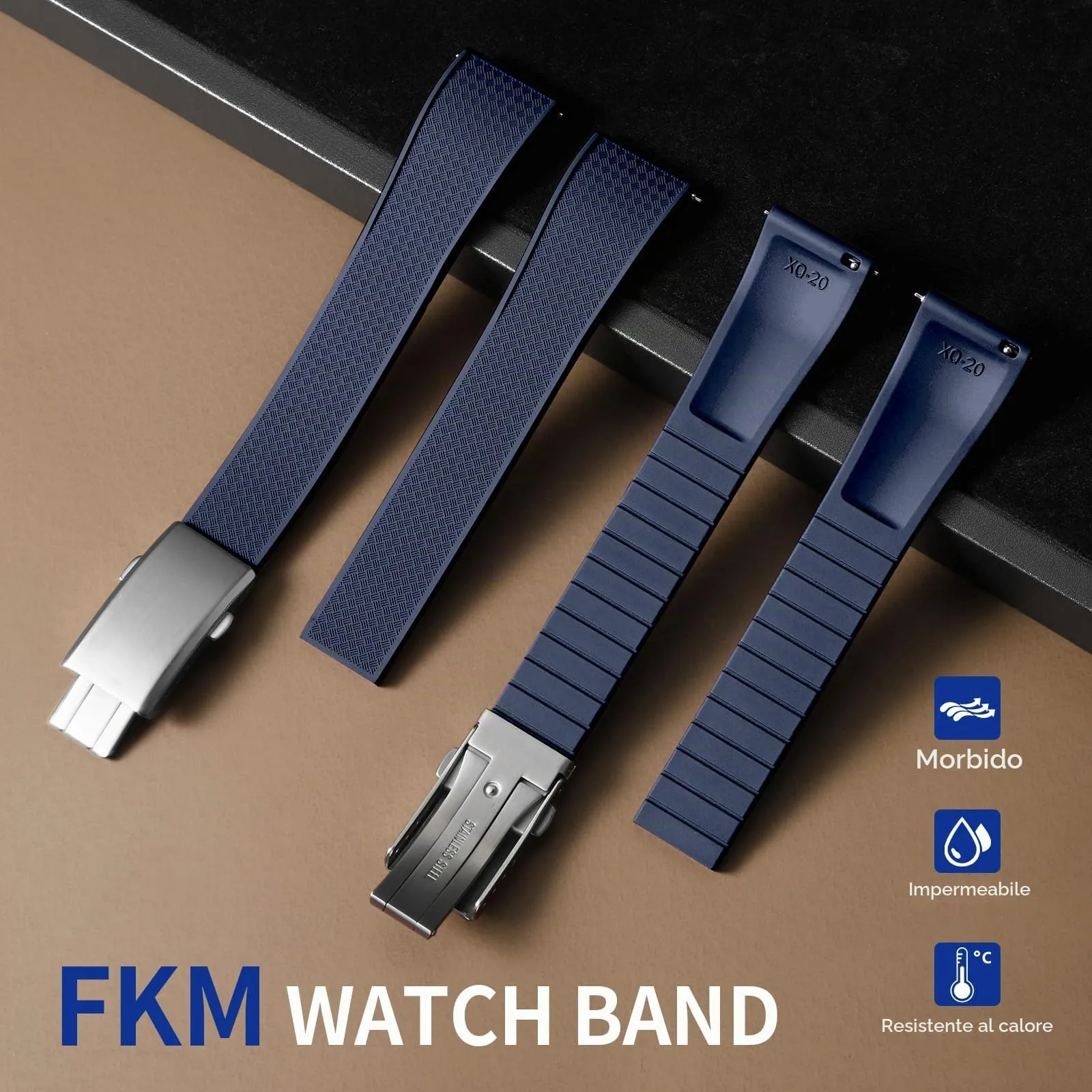 ULLCHRO Cinturino Orologio 20mm 22mm in Gomma Fluorurata FKM a Sgancio Rapido, Cinturini di Ricambio Morbidi e Durevoli, Cinturino Sportivo in Gomma Fluoro per Orologio Uomo (22mm, Blu Navy) - immagine 2