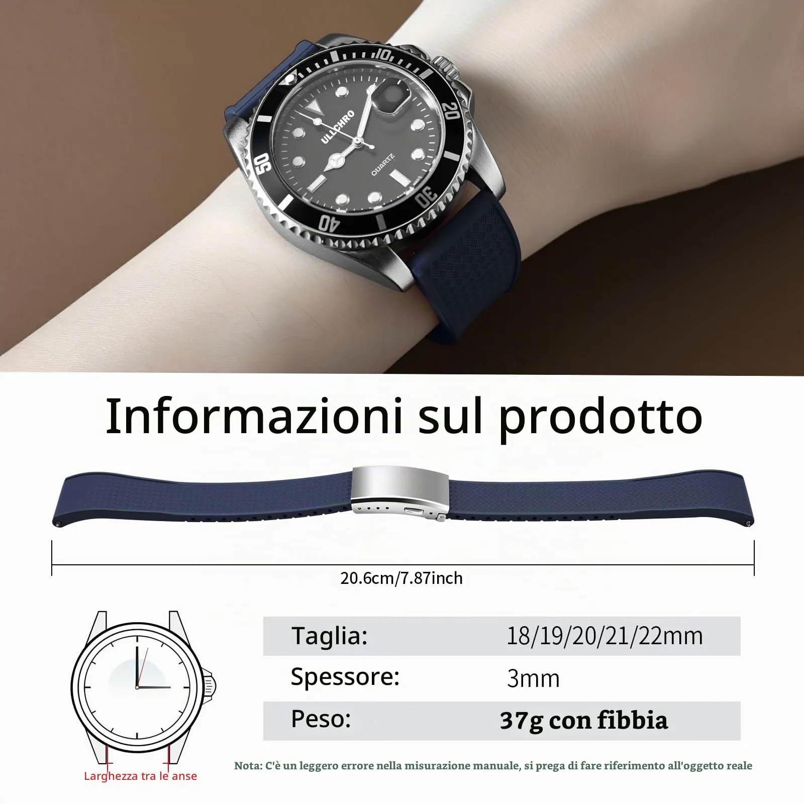 ULLCHRO Cinturino Orologio 20mm 22mm in Gomma Fluorurata FKM a Sgancio Rapido, Cinturini di Ricambio Morbidi e Durevoli, Cinturino Sportivo in Gomma Fluoro per Orologio Uomo (22mm, Blu Navy) - immagine 6