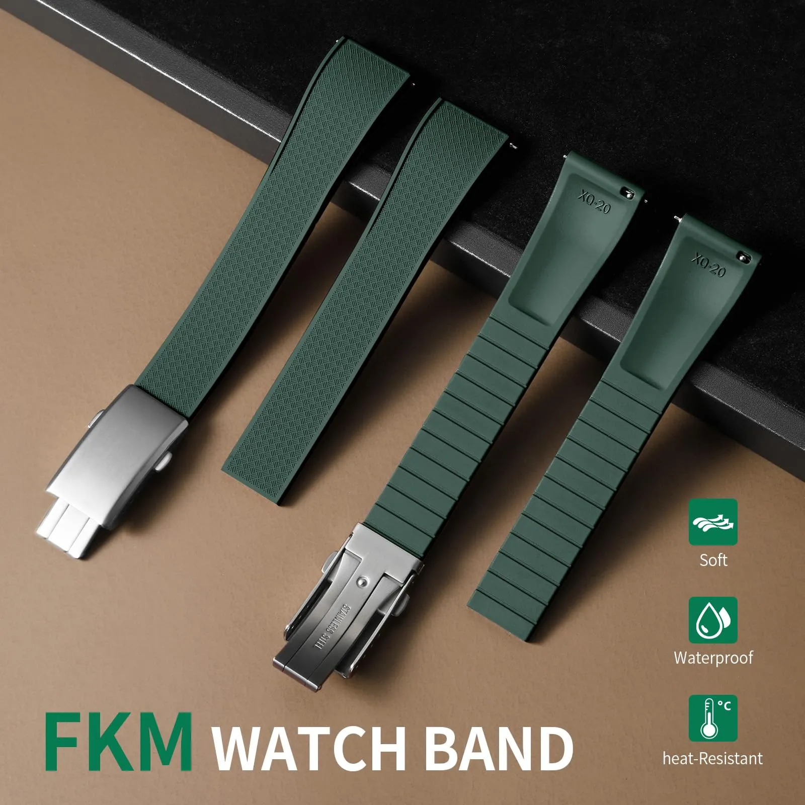 ULLCHRO Cinturino Orologio 20mm 22mm in Gomma Fluorurata FKM a Sgancio Rapido, Cinturini di Ricambio Morbidi e Durevoli, Cinturino Sportivo in Gomma Fluoro per Orologio Uomo (21mm, Verde Scuro) - immagine 2