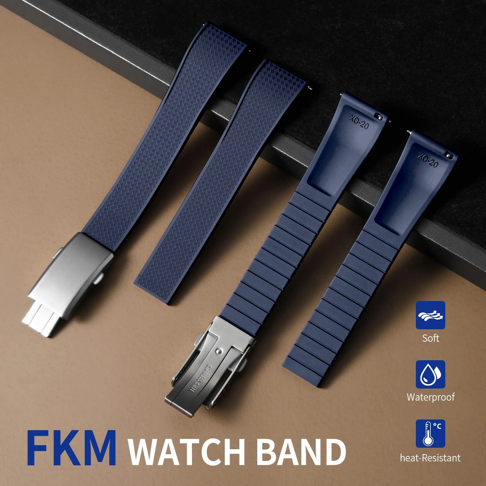 ULLCHRO Cinturino Orologio 20mm 22mm in Gomma Fluorurata FKM a Sgancio Rapido, Cinturini di Ricambio Morbidi e Durevoli, Cinturino Sportivo in Gomma Fluoro per Orologio Uomo (21mm, Blu Navy) - immagine 2