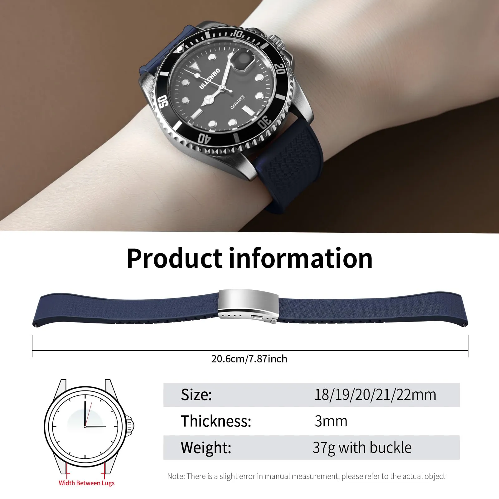 ULLCHRO Cinturino Orologio 20mm 22mm in Gomma Fluorurata FKM a Sgancio Rapido, Cinturini di Ricambio Morbidi e Durevoli, Cinturino Sportivo in Gomma Fluoro per Orologio Uomo (21mm, Blu Navy) - immagine 6