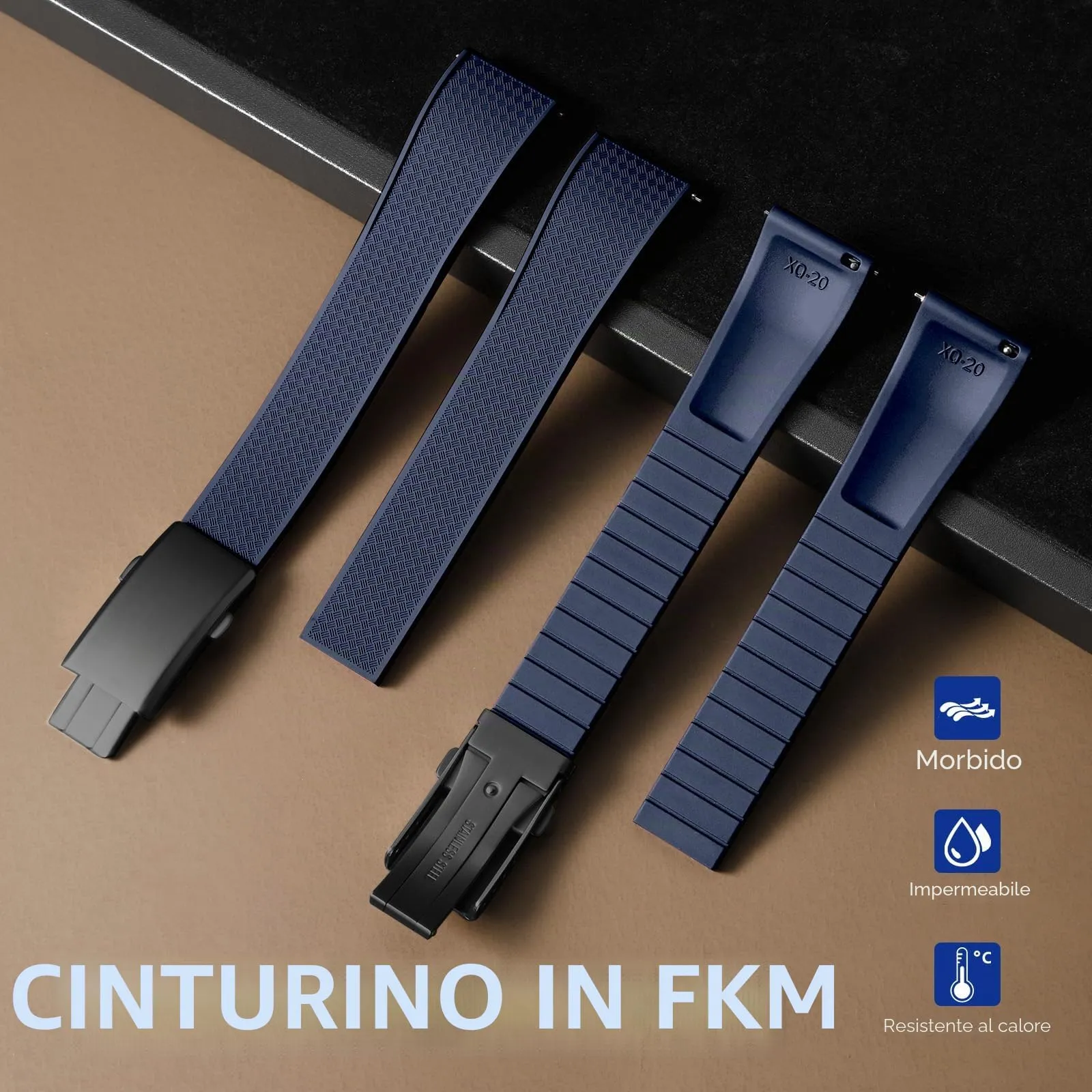 ULLCHRO Cinturino Orologio 20mm 22mm in Gomma Fluorurata FKM a Sgancio Rapido, Cinturini di Ricambio Morbidi e Durevoli, Cinturino Sportivo in Gomma Fluoro per Orologio Uomo (20mm, Blu Navy) - immagine 2