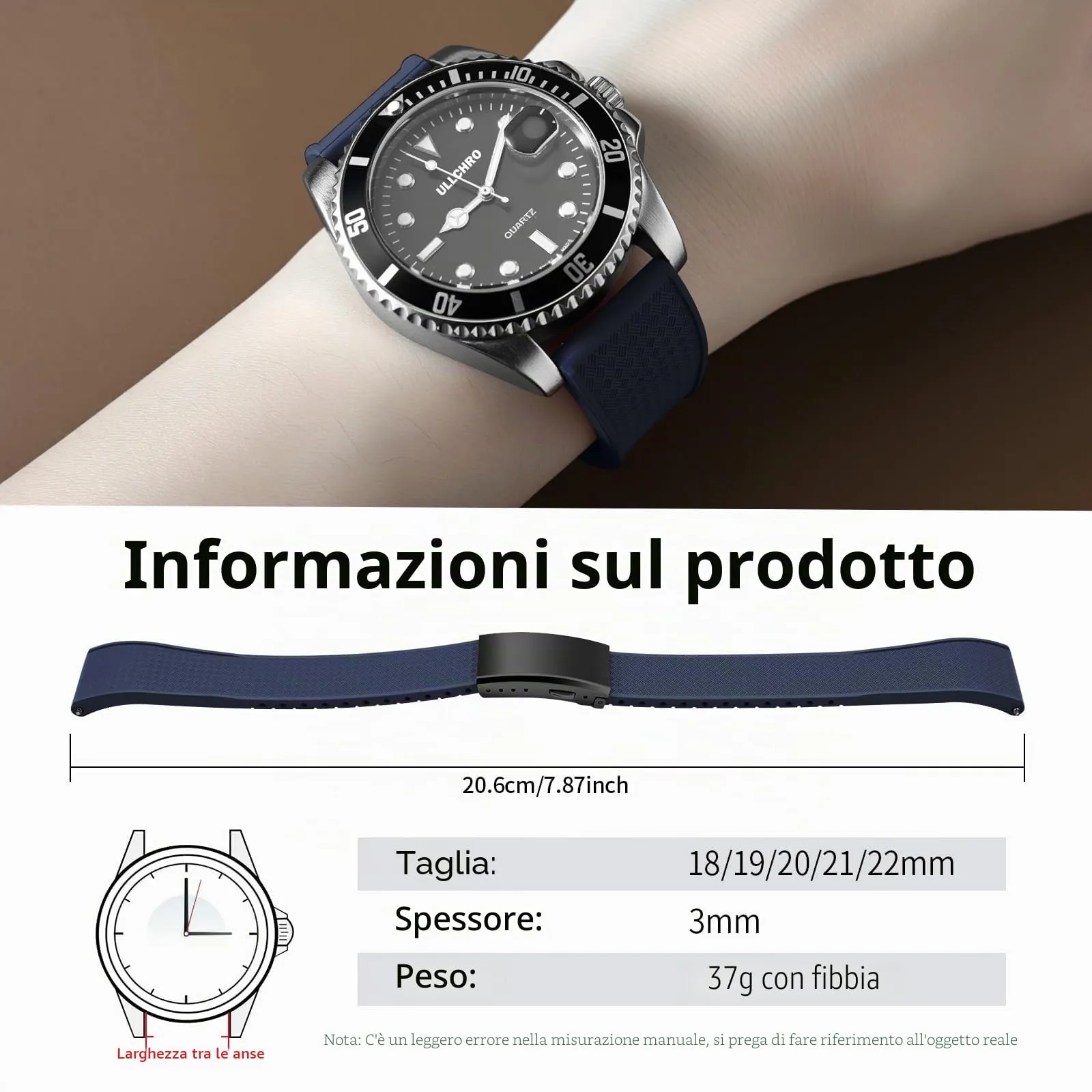 ULLCHRO Cinturino Orologio 20mm 22mm in Gomma Fluorurata FKM a Sgancio Rapido, Cinturini di Ricambio Morbidi e Durevoli, Cinturino Sportivo in Gomma Fluoro per Orologio Uomo (20mm, Blu Navy) - immagine 6