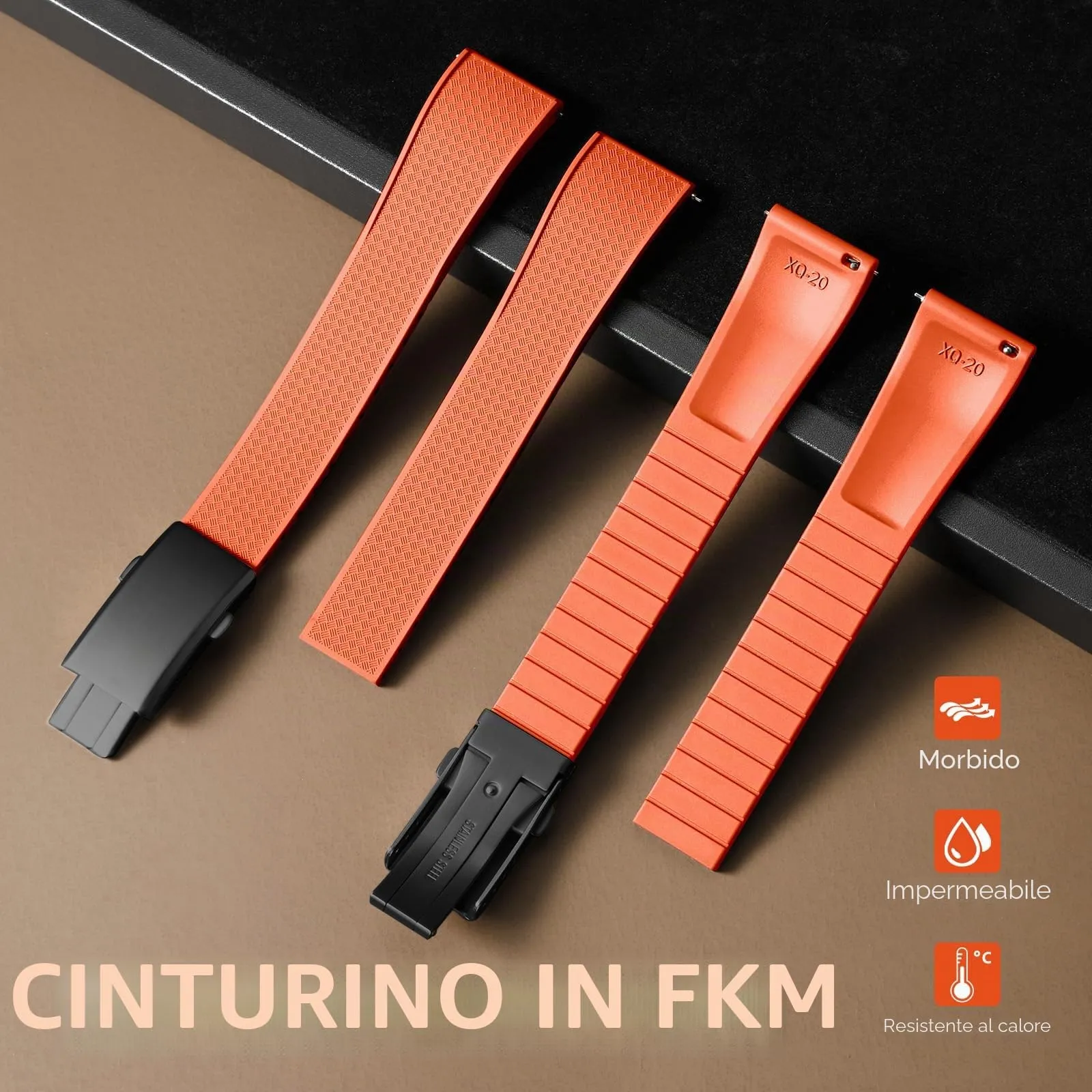 ULLCHRO Cinturino Orologio 20mm 22mm in Gomma Fluorurata FKM a Sgancio Rapido, Cinturini di Ricambio Morbidi e Durevoli, Cinturino Sportivo in Gomma Fluoro per Orologio Uomo (20mm, Arancione) - immagine 2