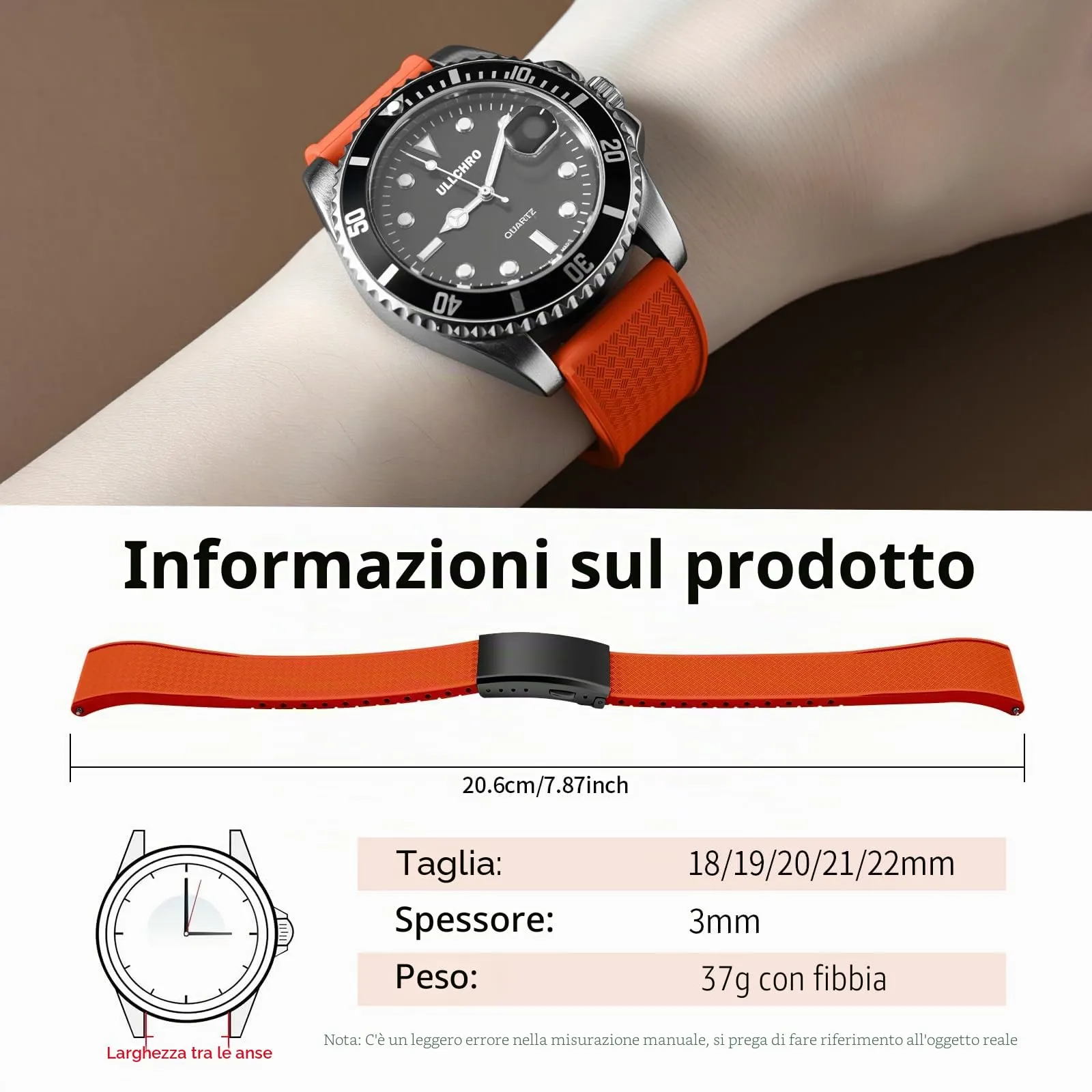 ULLCHRO Cinturino Orologio 20mm 22mm in Gomma Fluorurata FKM a Sgancio Rapido, Cinturini di Ricambio Morbidi e Durevoli, Cinturino Sportivo in Gomma Fluoro per Orologio Uomo (20mm, Arancione) - immagine 6