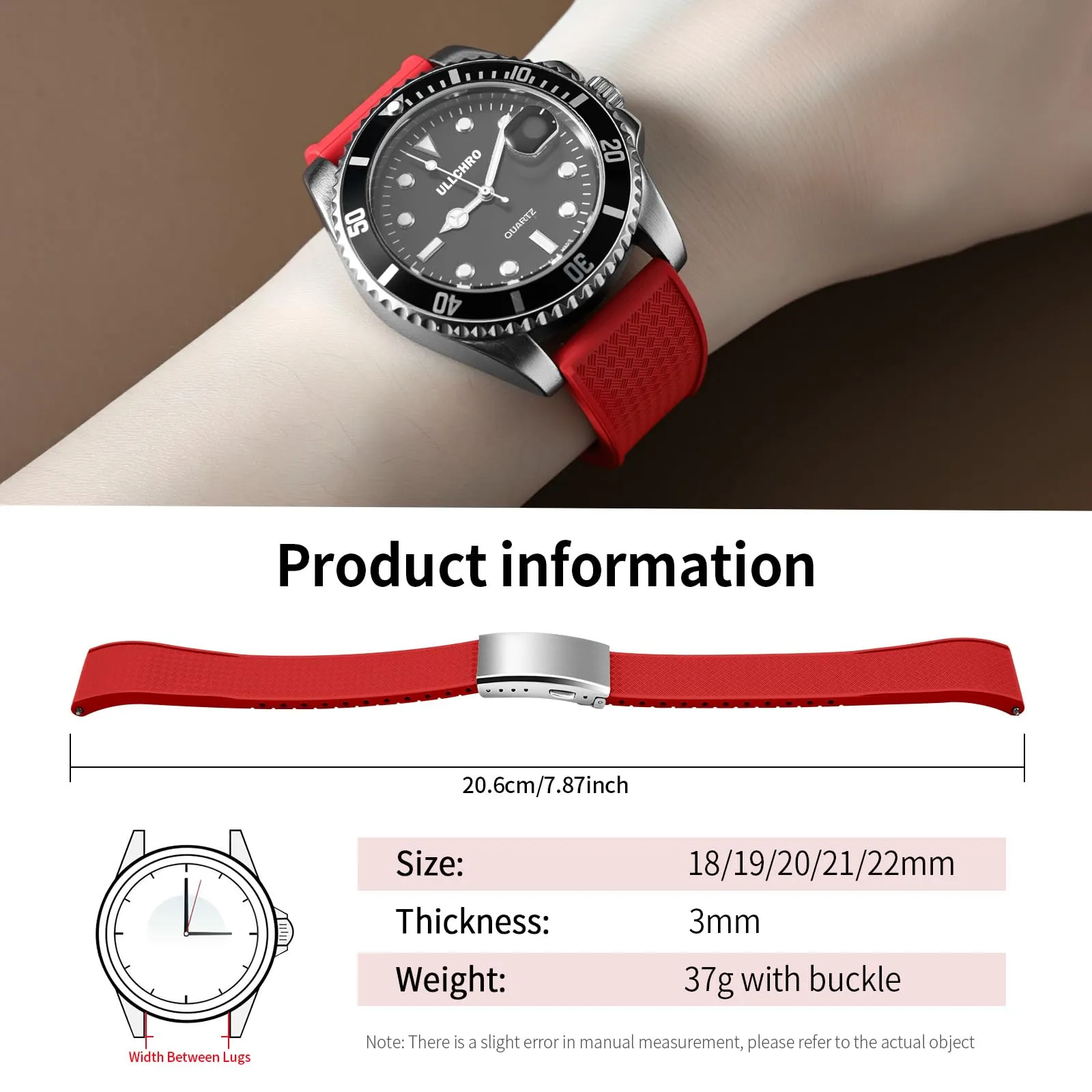 ULLCHRO Cinturino Orologio 20mm 22mm in Gomma Fluorurata FKM a Sgancio Rapido, Cinturini di Ricambio Morbidi e Durevoli, Cinturino Sportivo in Gomma Fluoro per Orologio Uomo (21mm, Rosso Scuro) - immagine 6