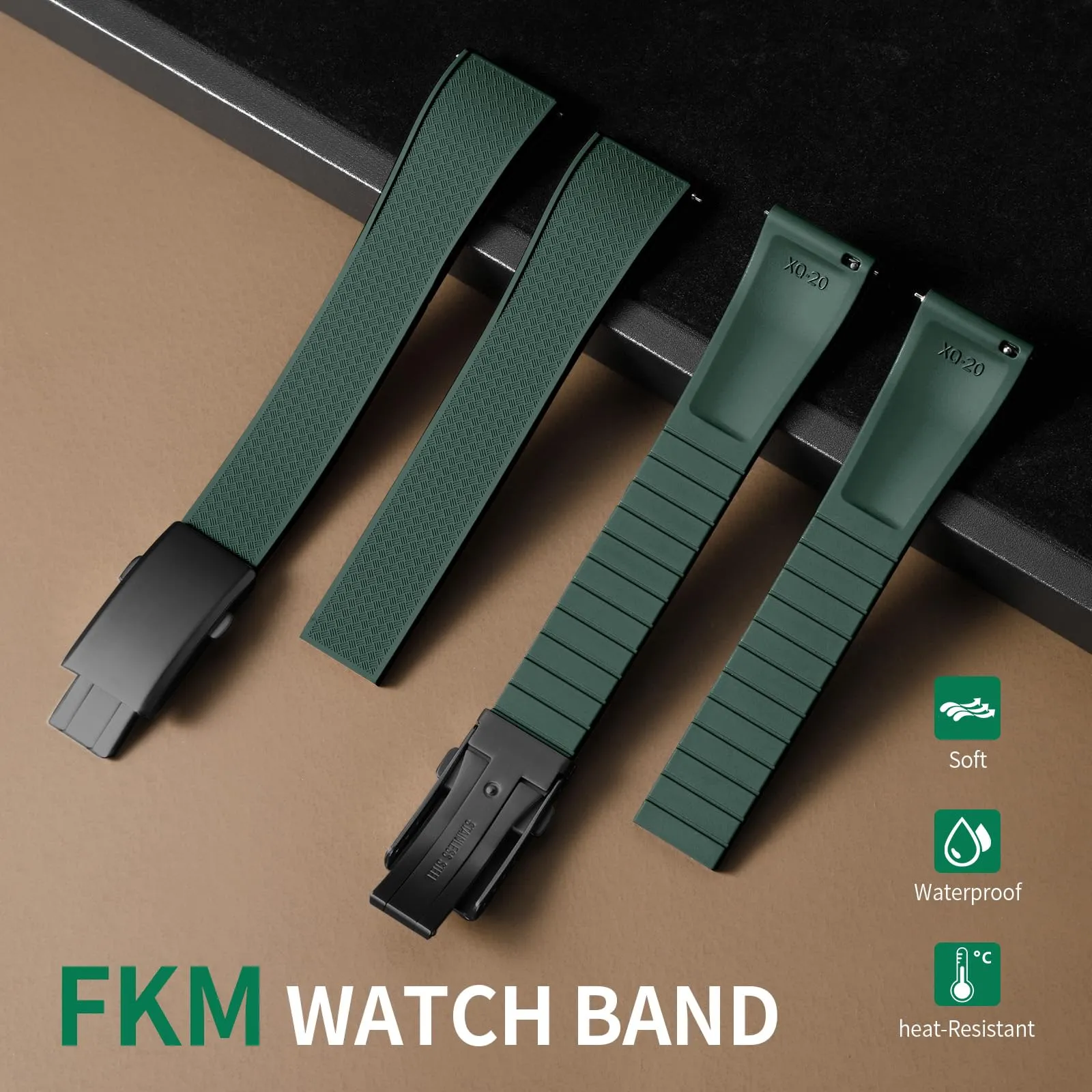 ULLCHRO Cinturino Orologio 20mm 22mm in Gomma Fluorurata FKM a Sgancio Rapido, Cinturini di Ricambio Morbidi e Durevoli, Cinturino Sportivo in Gomma Fluoro per Orologio Uomo (21mm, Verde Scuro) - immagine 2