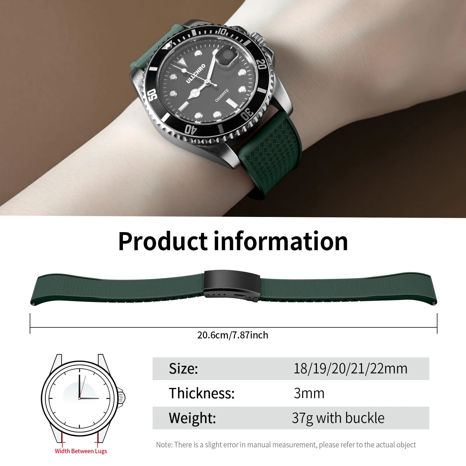 ULLCHRO Cinturino Orologio 20mm 22mm in Gomma Fluorurata FKM a Sgancio Rapido, Cinturini di Ricambio Morbidi e Durevoli, Cinturino Sportivo in Gomma Fluoro per Orologio Uomo (21mm, Verde Scuro) - immagine 6